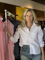 Frank & Eileen Silvio Untuckable Button-Up- Sand, Maroon Stripe