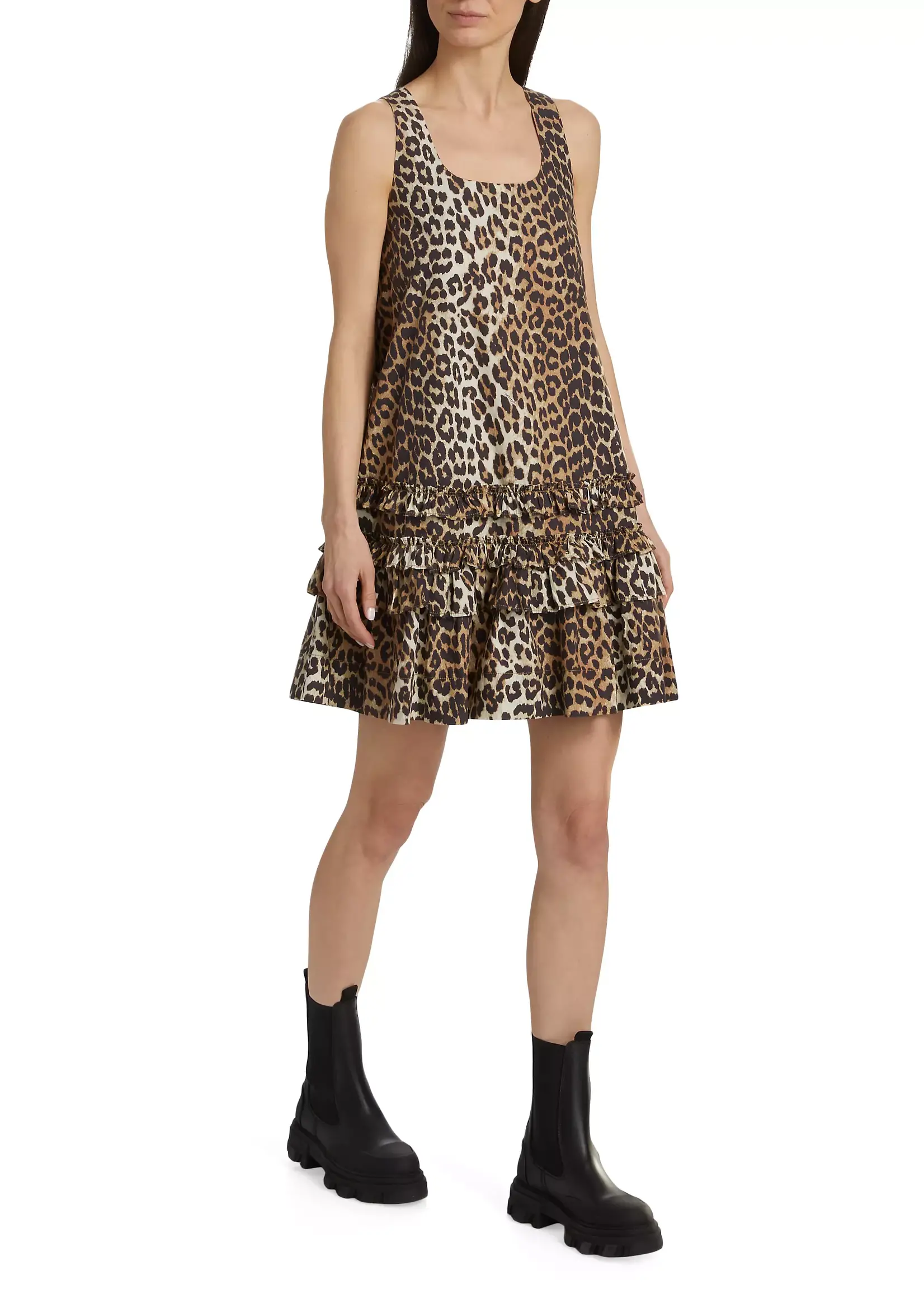 GANNI Printed Cotton Poplin U-neck Mini Dress