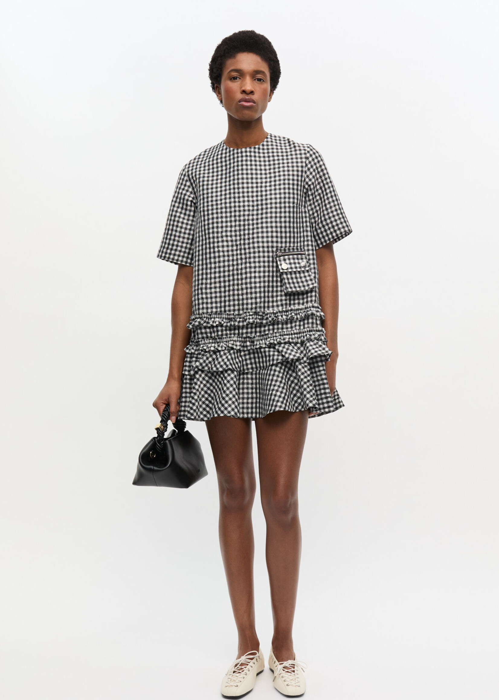 GANNI Crinkled Taffeta Check Open Back Mini Dress