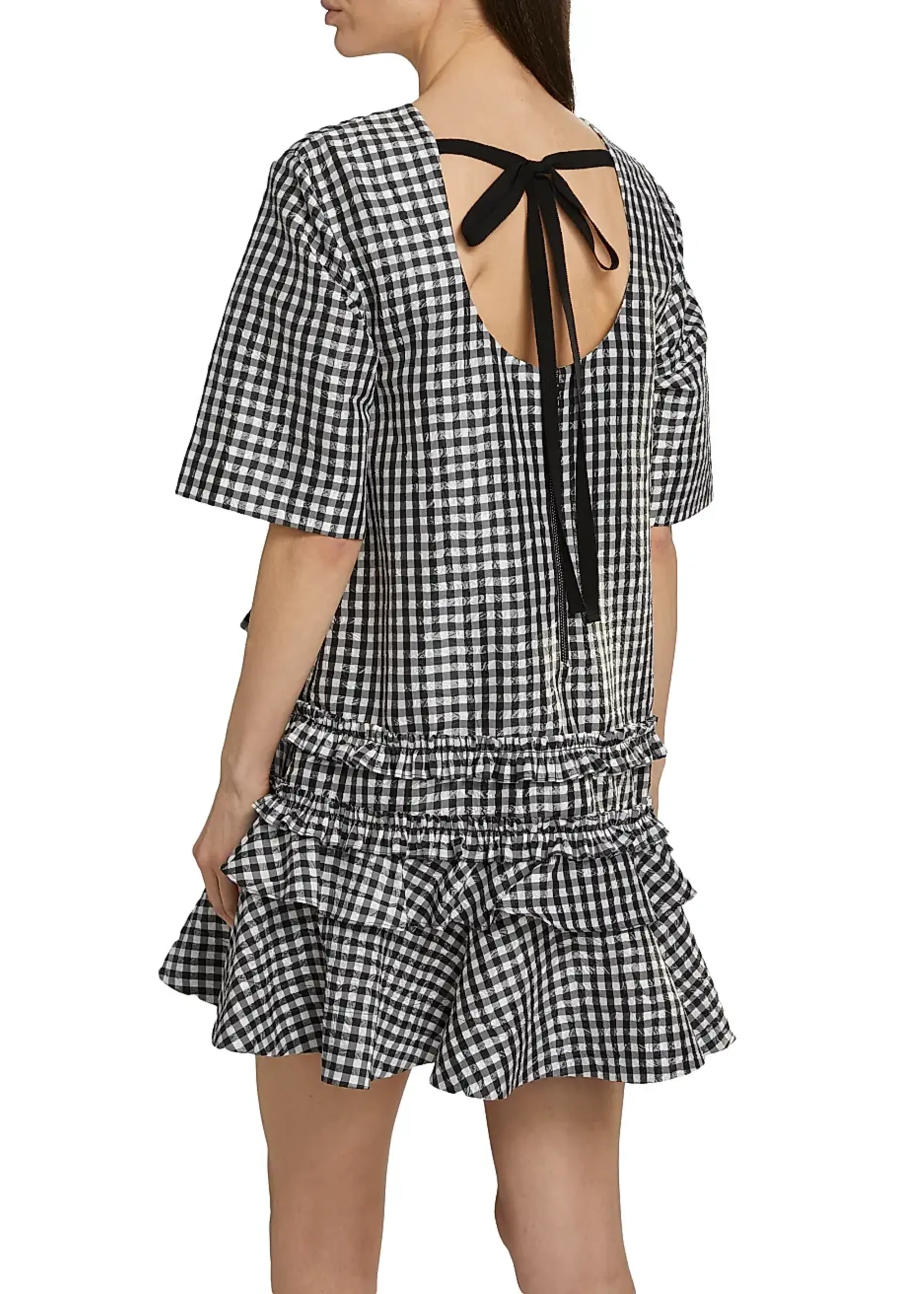 GANNI Crinkled Taffeta Check Open Back Mini Dress