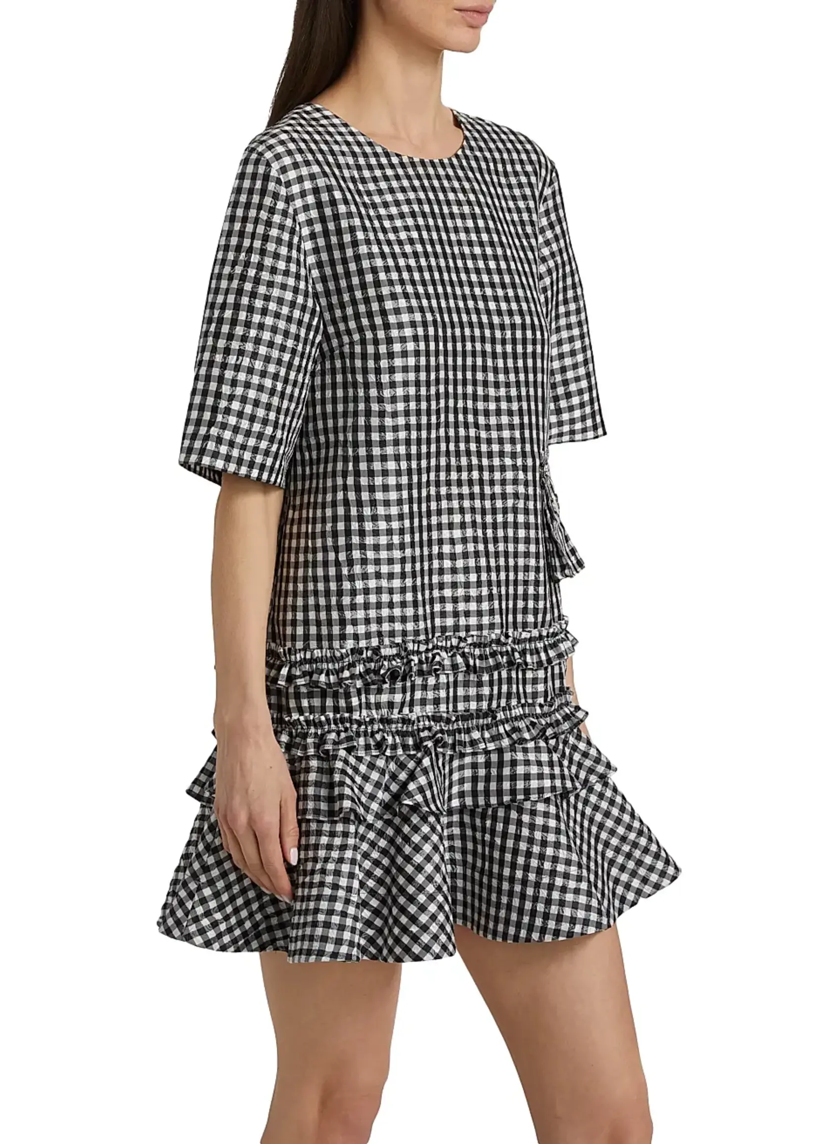 GANNI Crinkled Taffeta Check Open Back Mini Dress