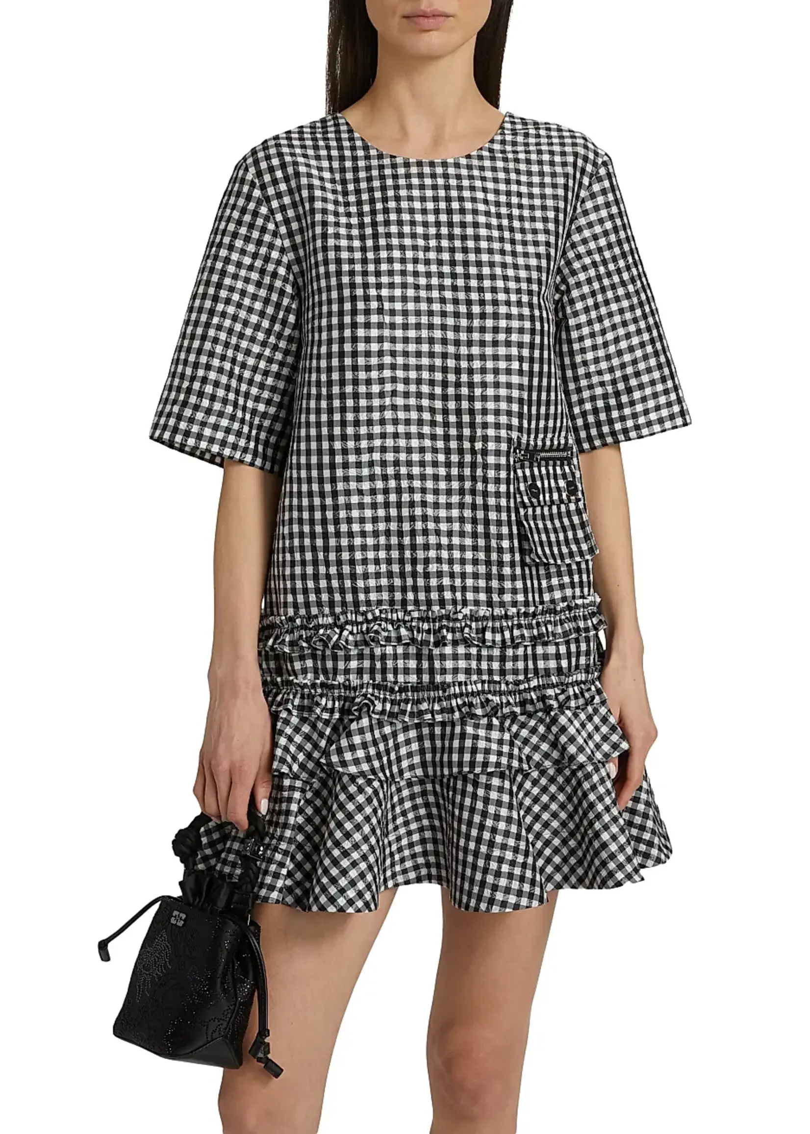 GANNI Crinkled Taffeta Check Open Back Mini Dress