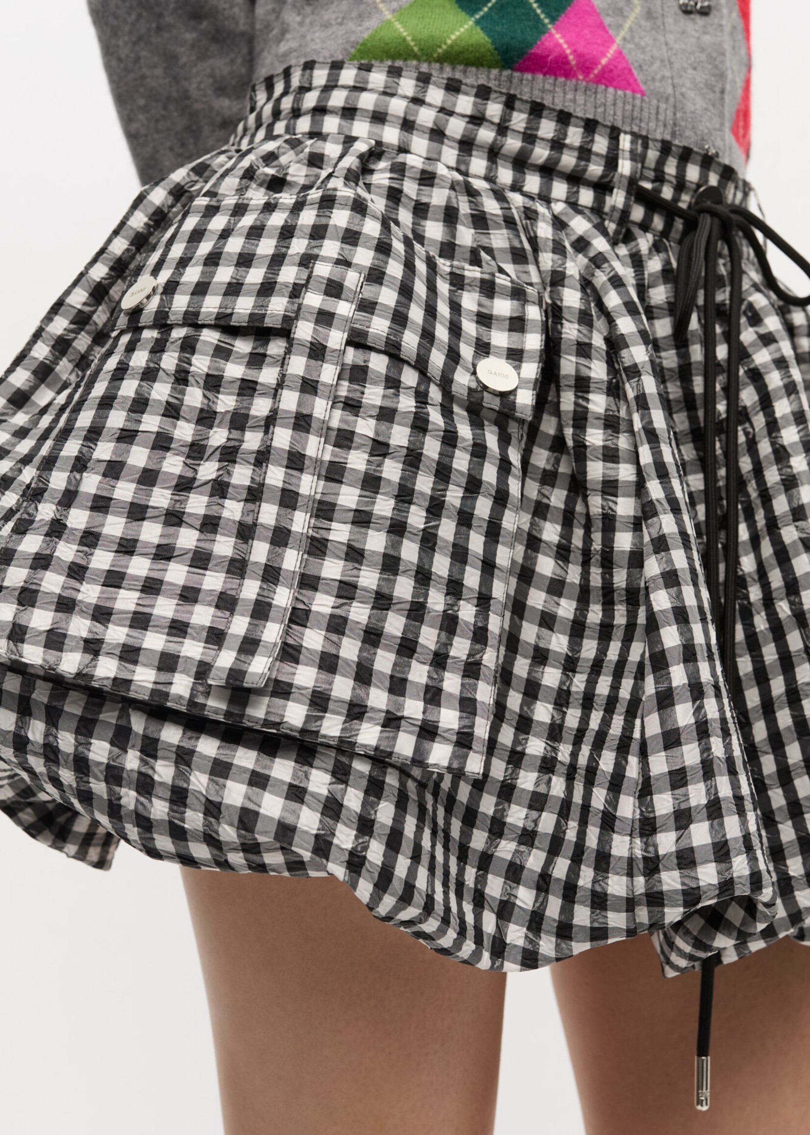GANNI Crinkled Taffeta Check Mini Bubble Skirt