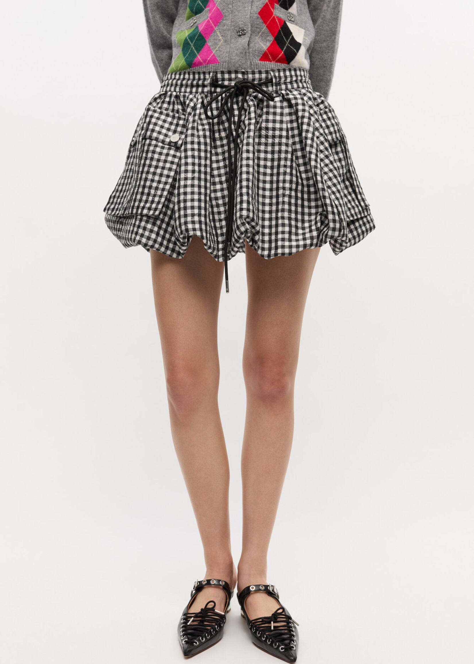 GANNI Crinkled Taffeta Check Mini Bubble Skirt