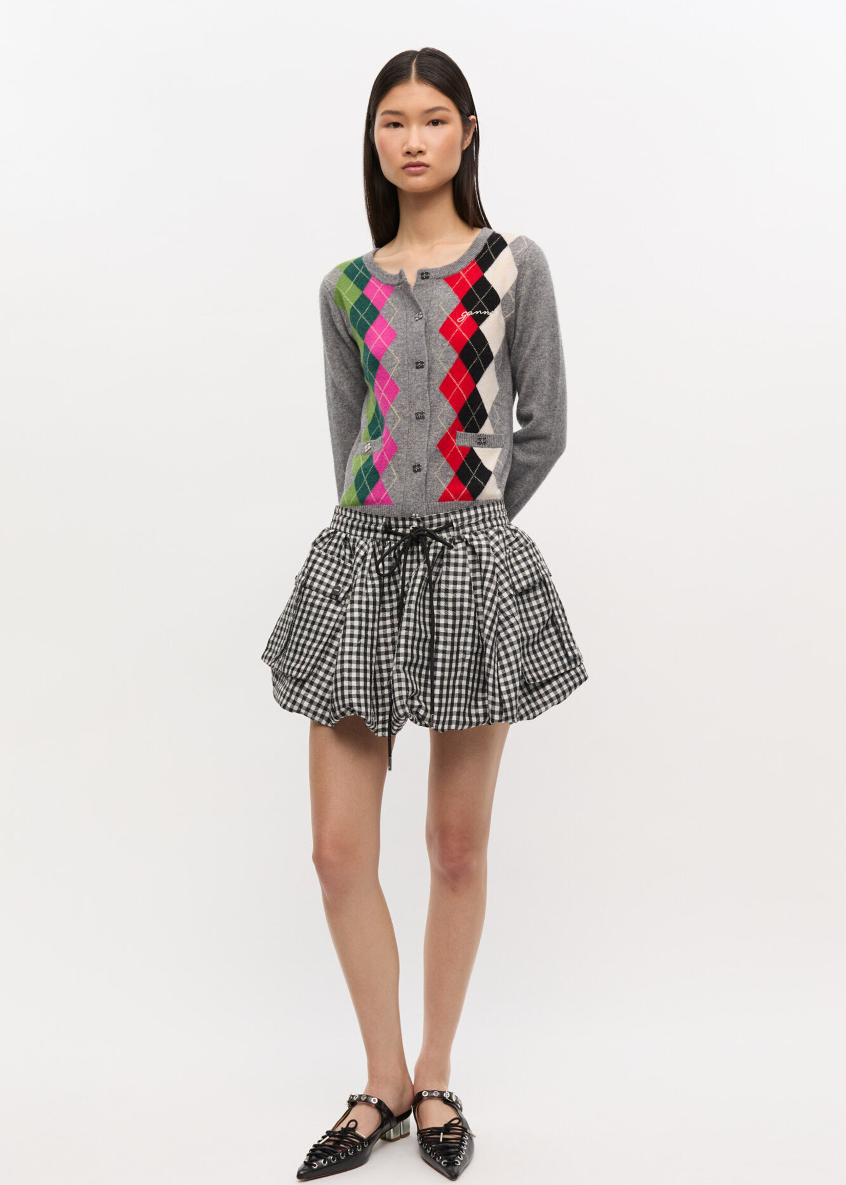 GANNI Crinkled Taffeta Check Mini Bubble Skirt