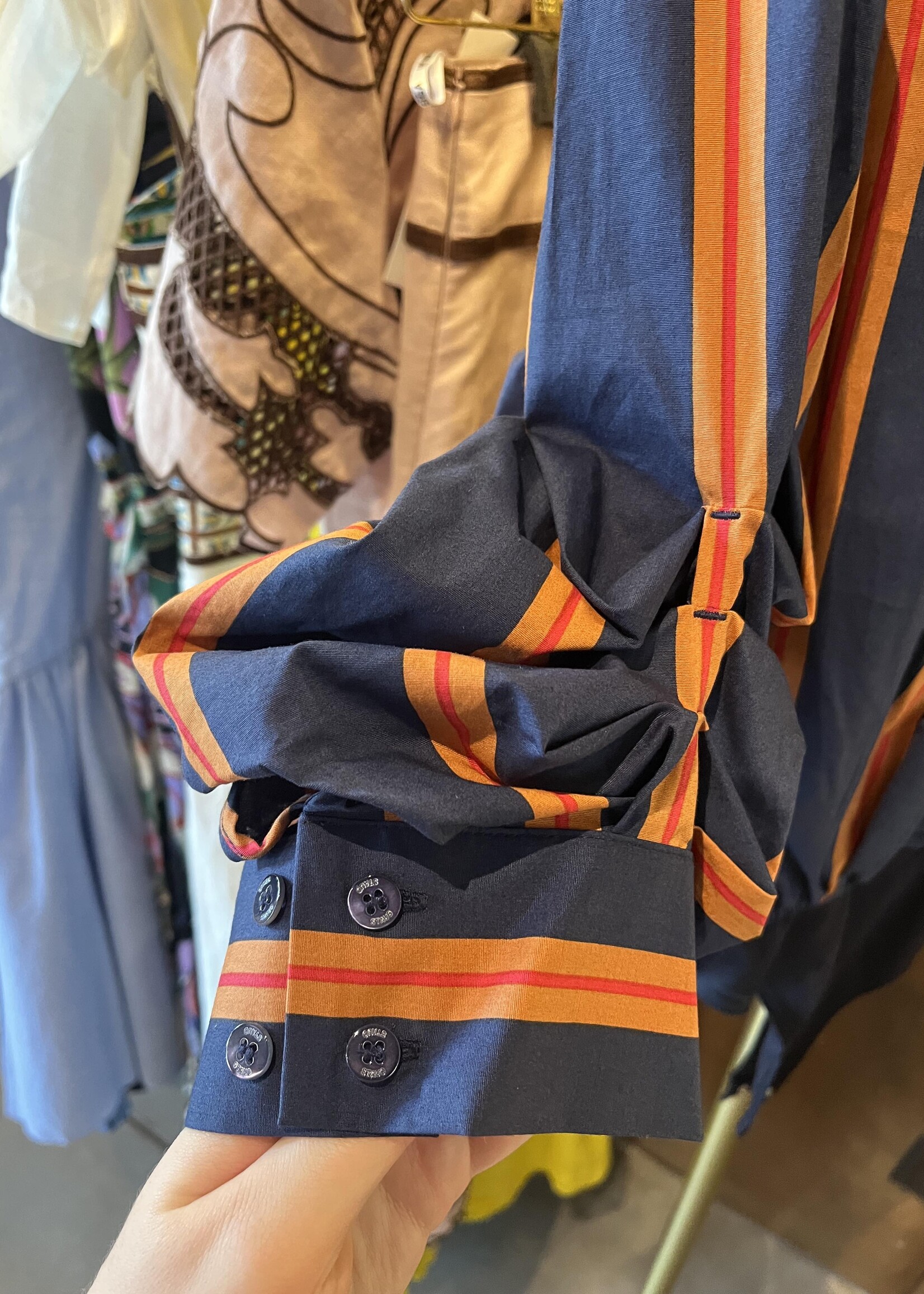 Staud Traverse Bodysuit- Railroad Stripe (Blue w Orange/Red Stripes)