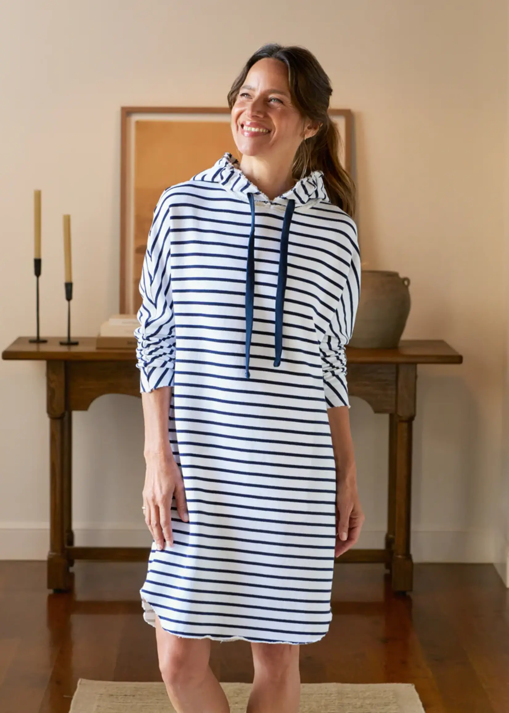 Frank & Eileen Mini James Hooded Dress- White Navy Stripe