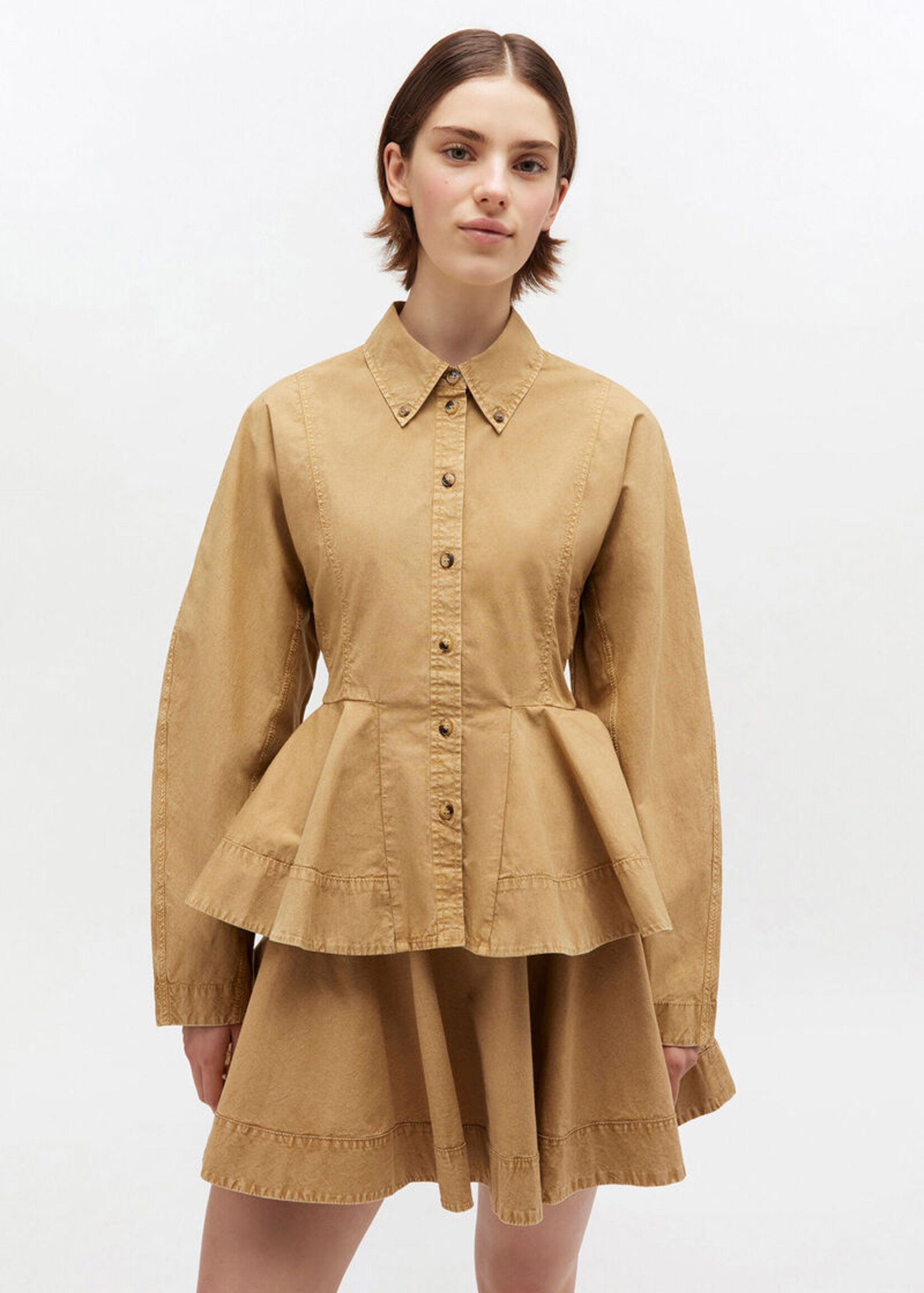 GANNI Washed Stretch Cotton Peplum Shirt