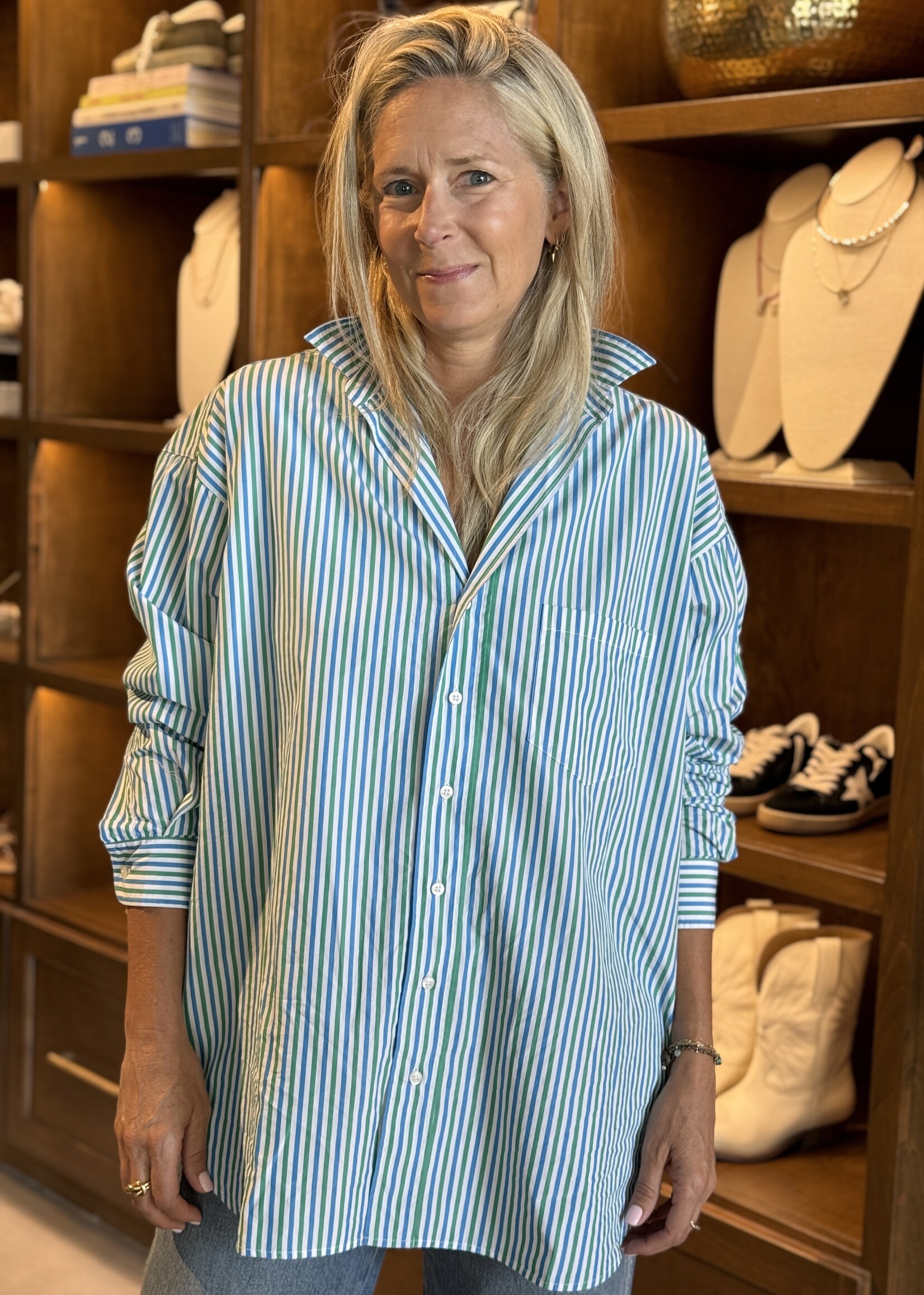 Frank & Eileen Shirley- Oversized Button-Up- Blue, Turq Stripe BTST