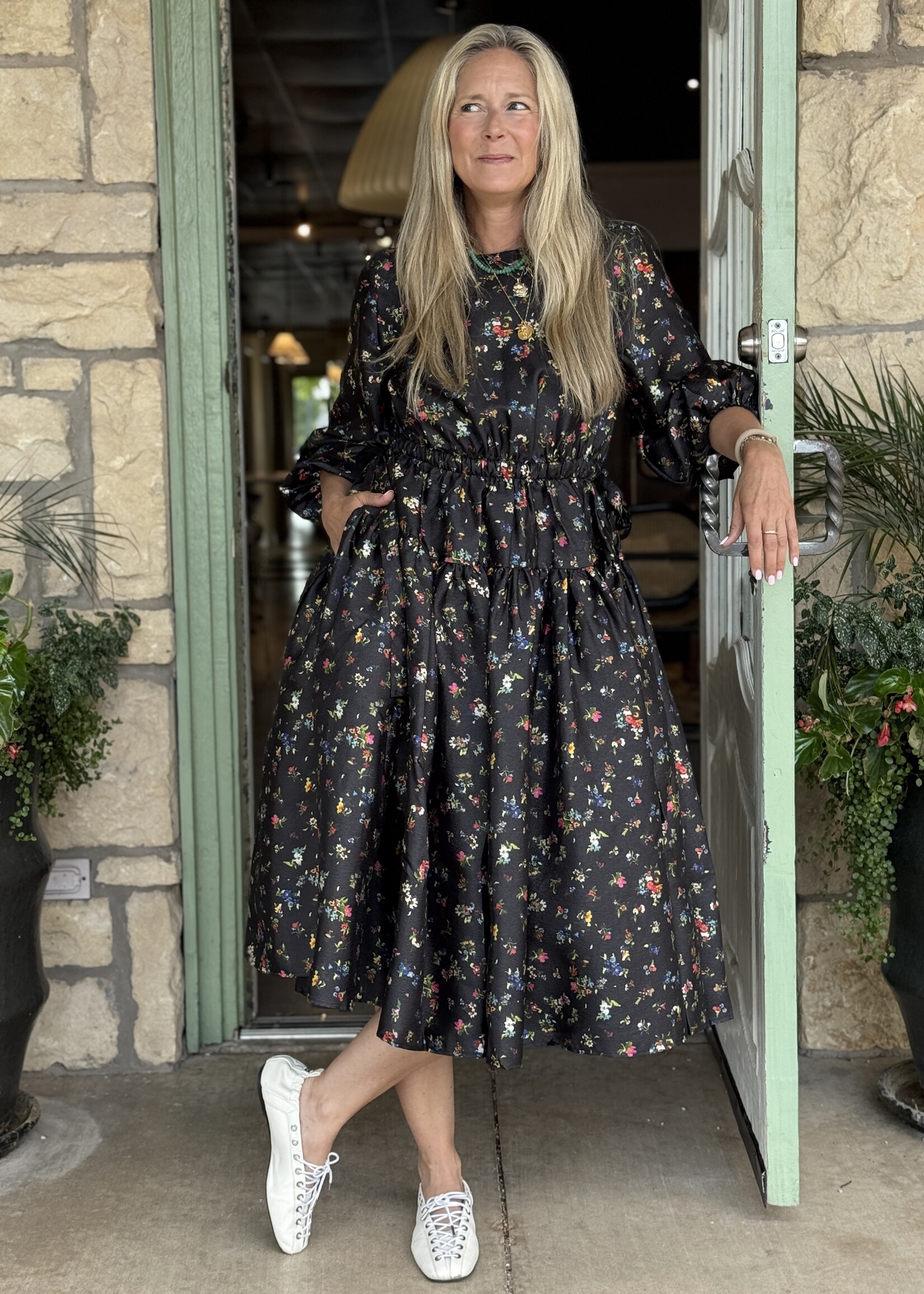 Stine Goya Waist Tie Ruffle Midi Dress- Magnolia Garden