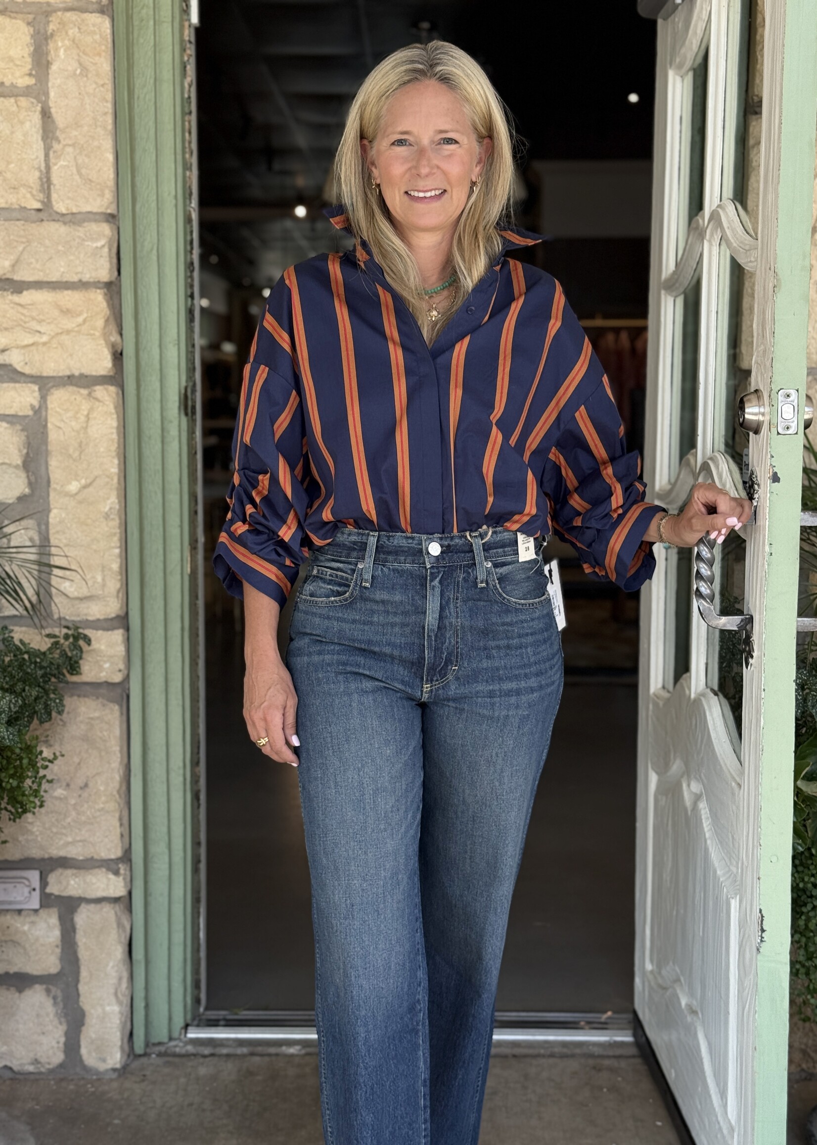 Staud Traverse Bodysuit- Railroad Stripe (Blue w Orange/Red Stripes)