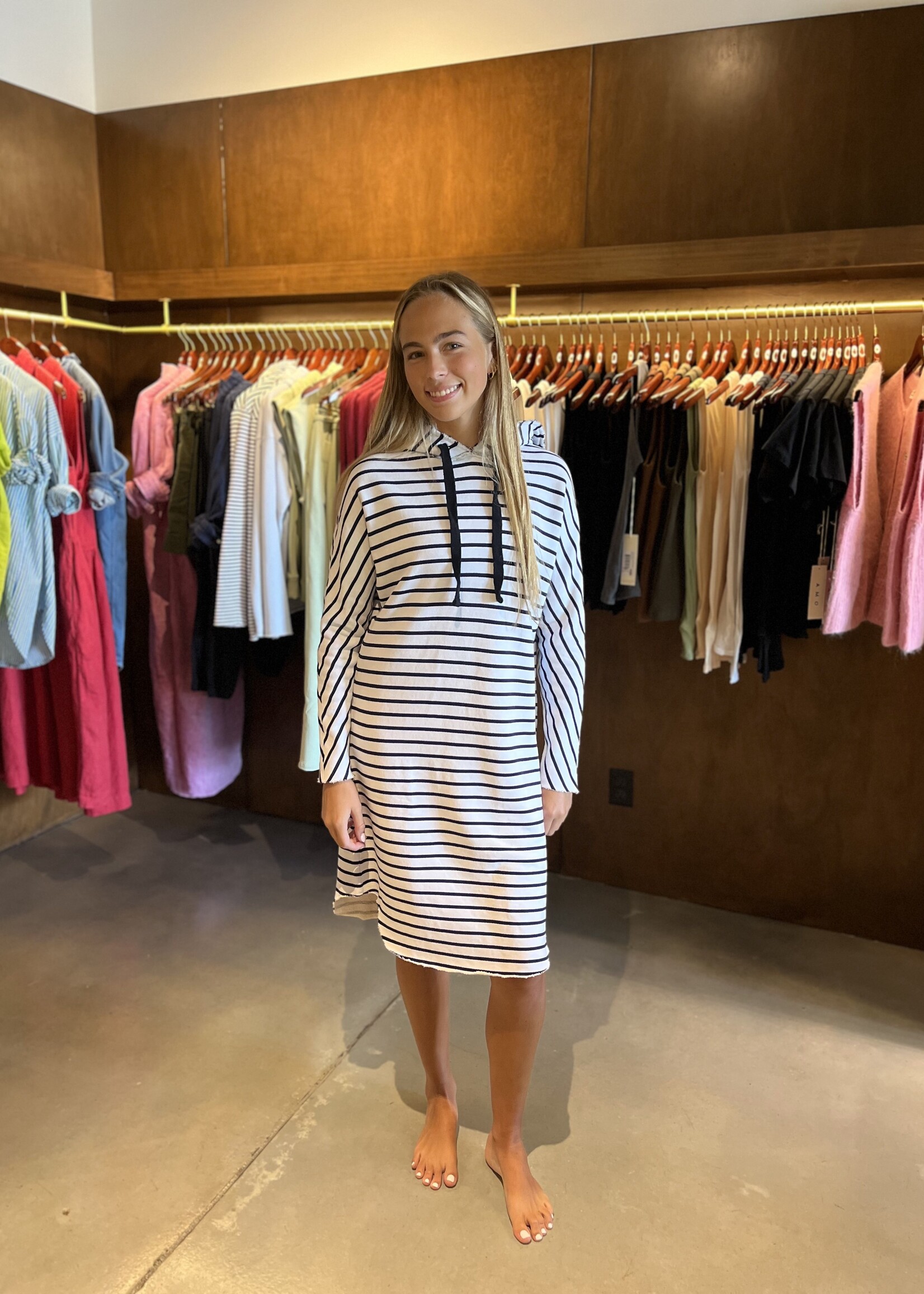 Frank & Eileen Mini James Hooded Dress- White Navy Stripe
