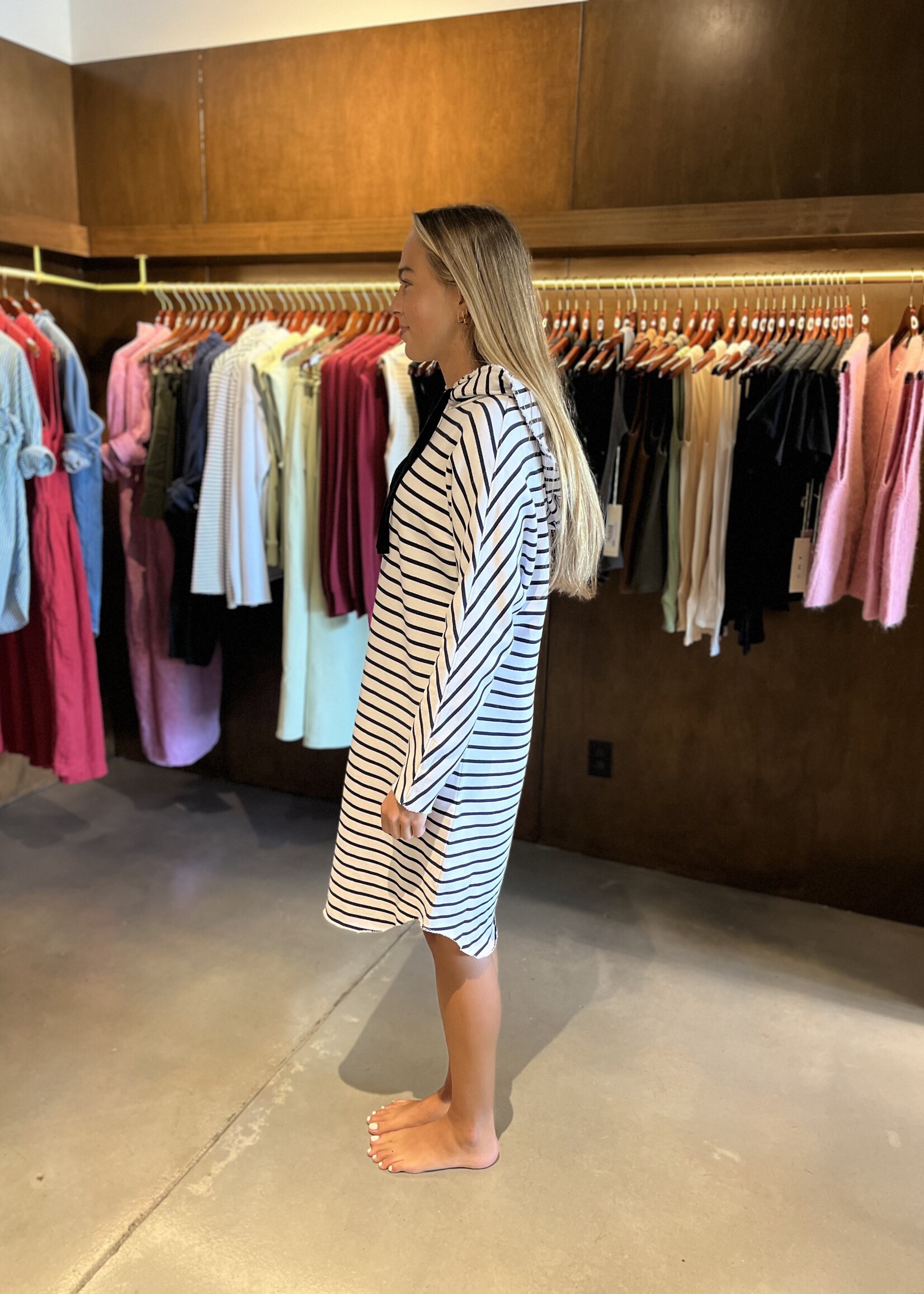 Frank & Eileen Mini James Hooded Dress- White Navy Stripe