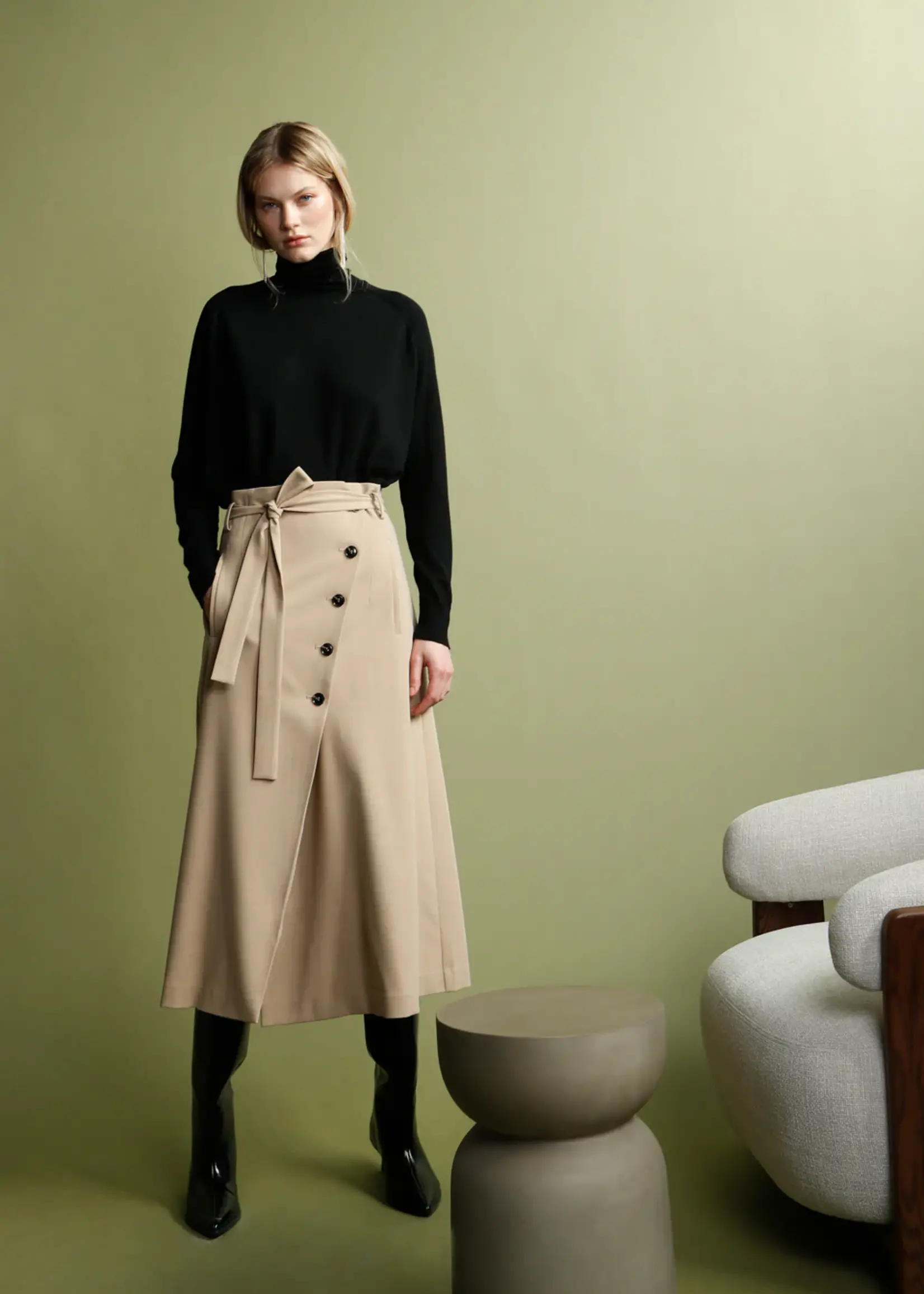 Psophia High-Waisted Wrap Skirt w Side Button Detail