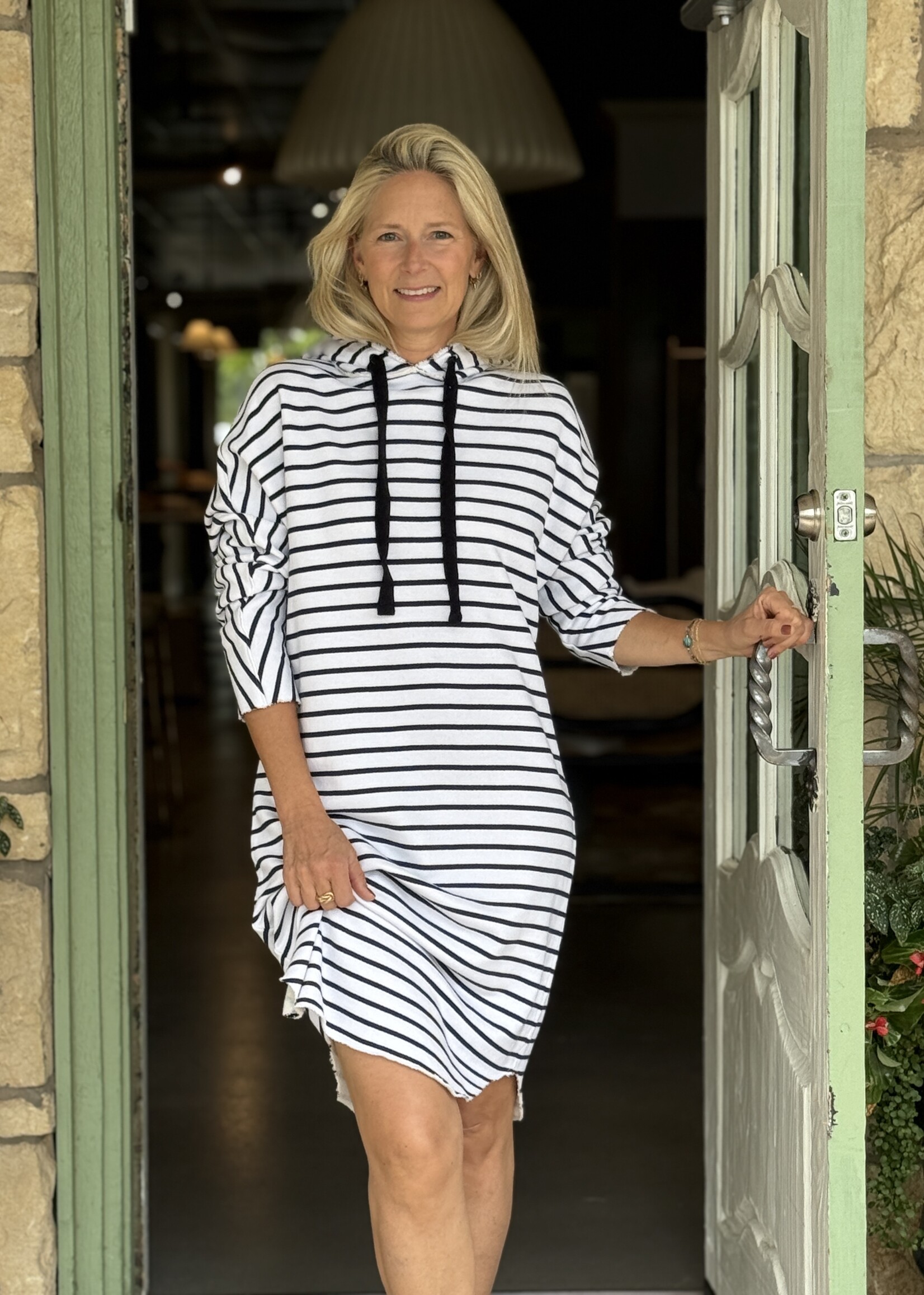 Frank & Eileen Mini James Hooded Dress- White Navy Stripe