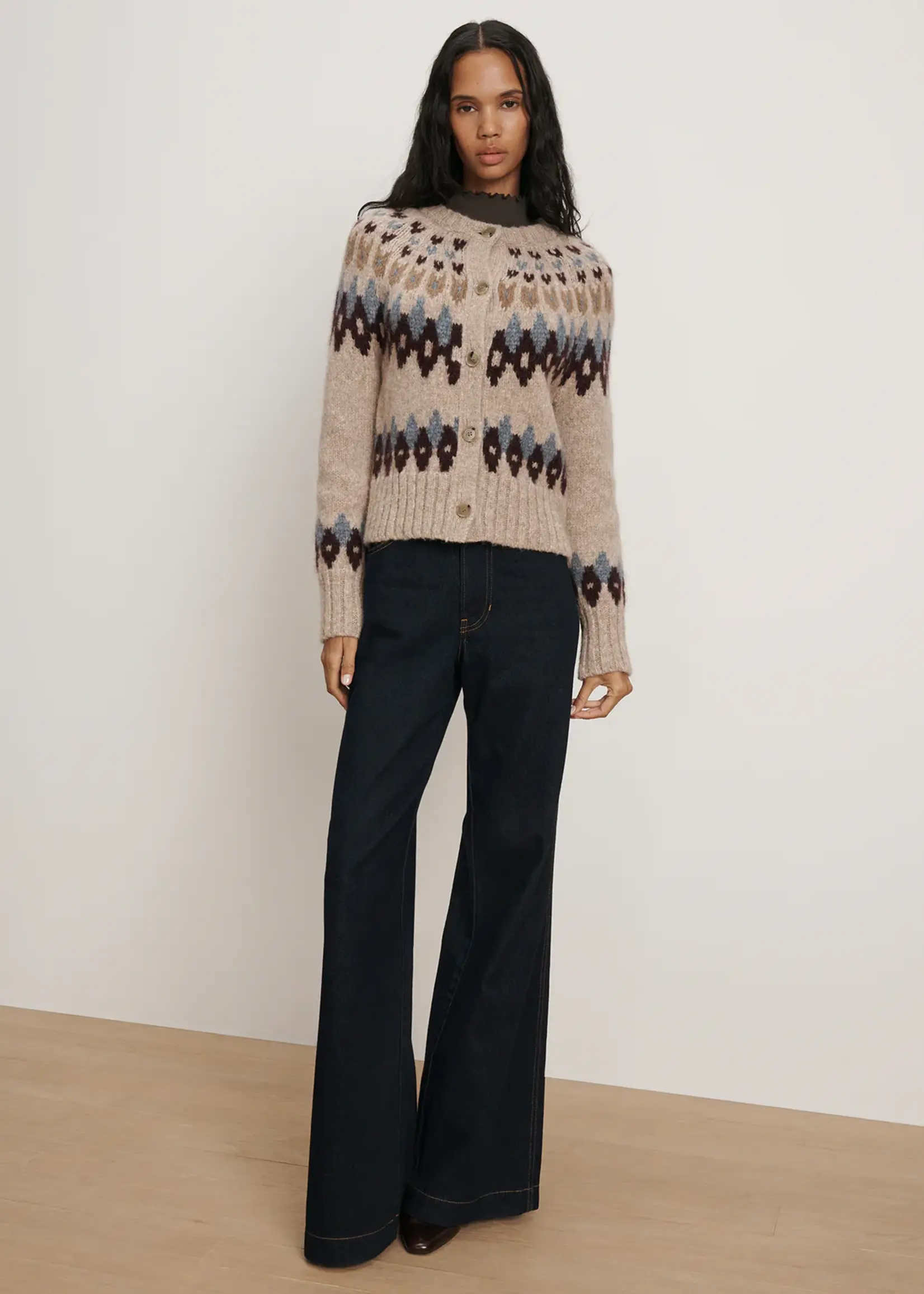 Veronica Beard Christina Fairisle Cardigan- Oatmeal