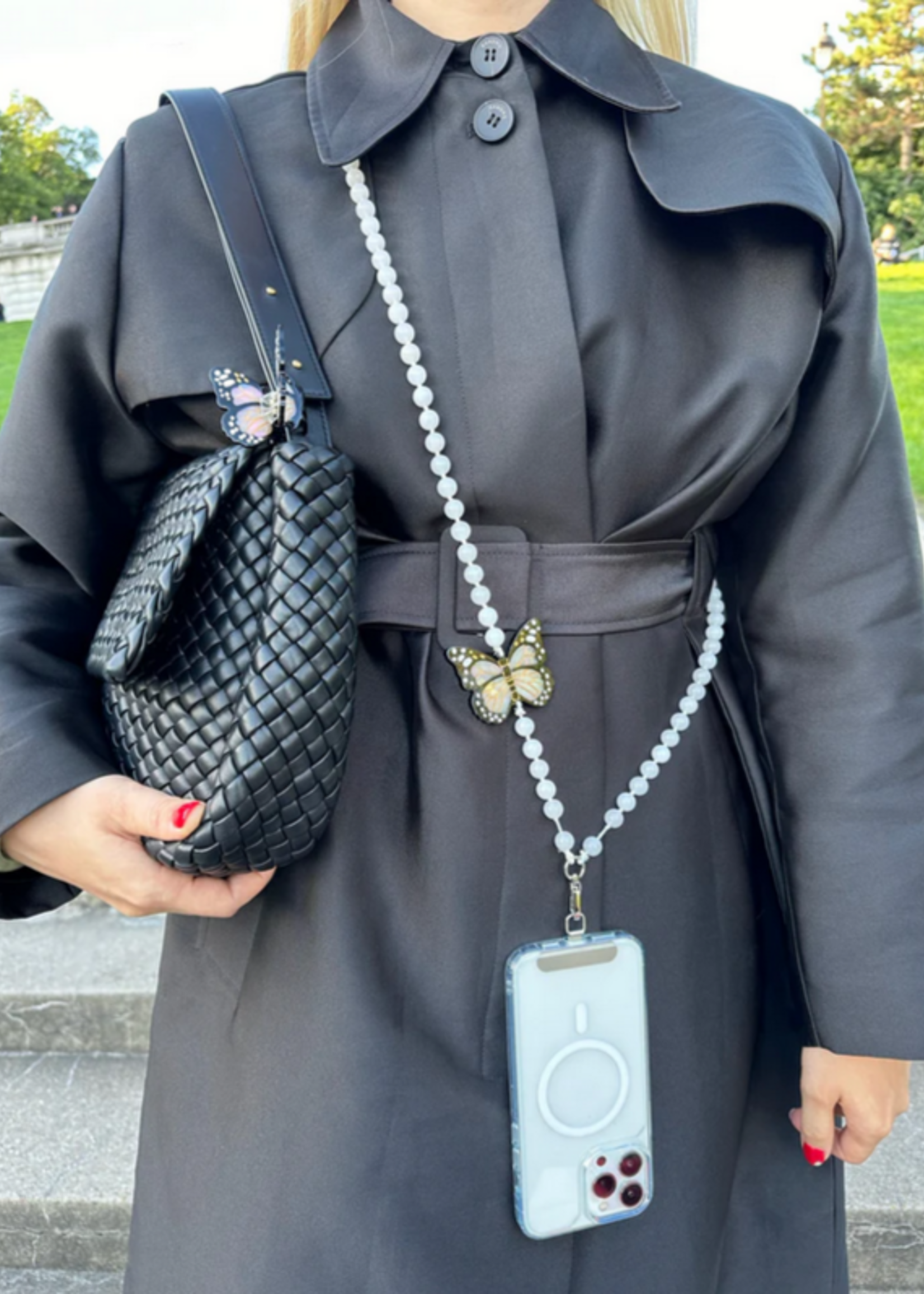 Solar Eclipse Monarch Butterfly Gemstone Crossbody Phone Chain- White