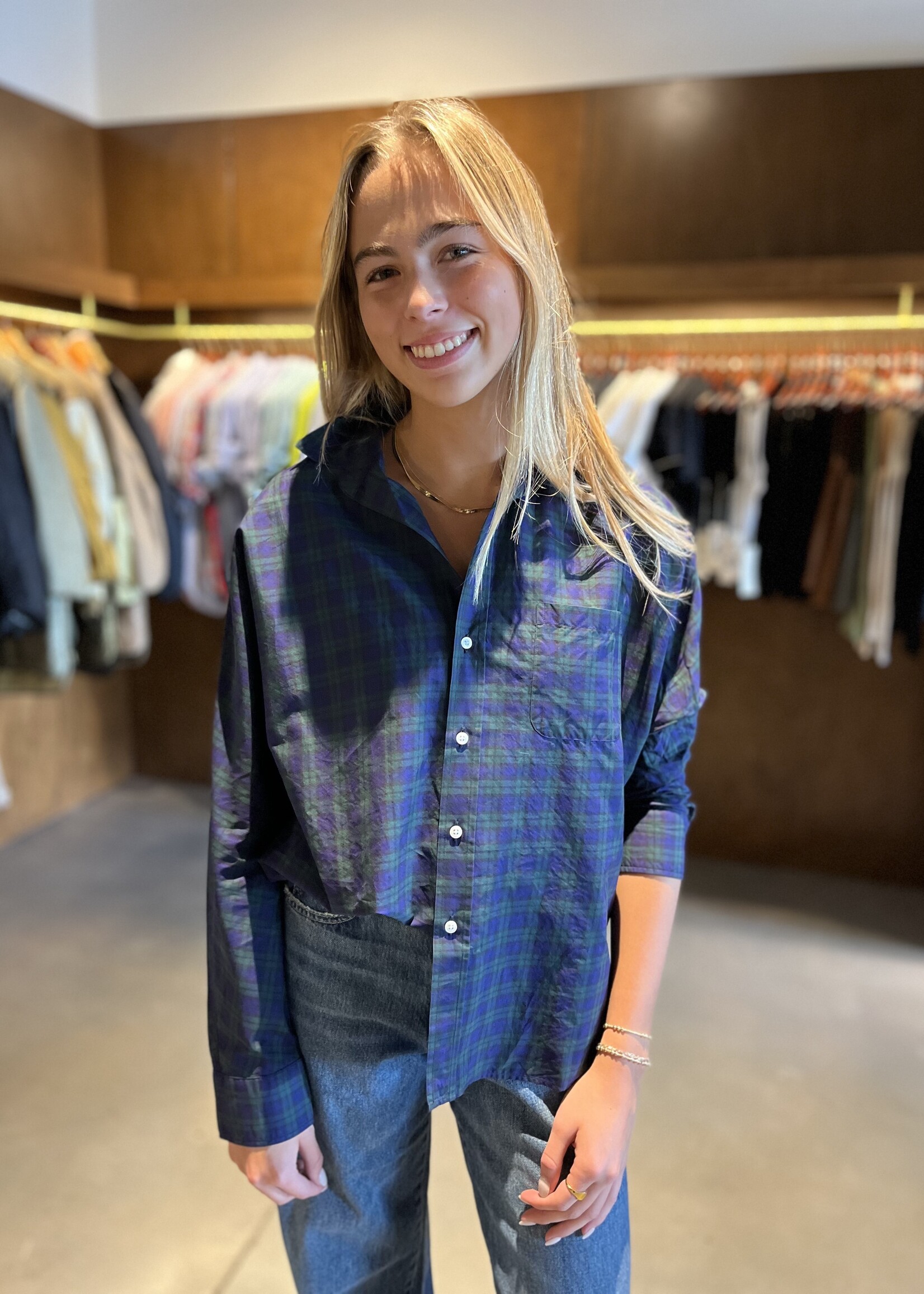 Frank & Eileen Oona- Continuous Sleeve, Relaxed Fitting Button-Up Green Blue Plaid GBTX