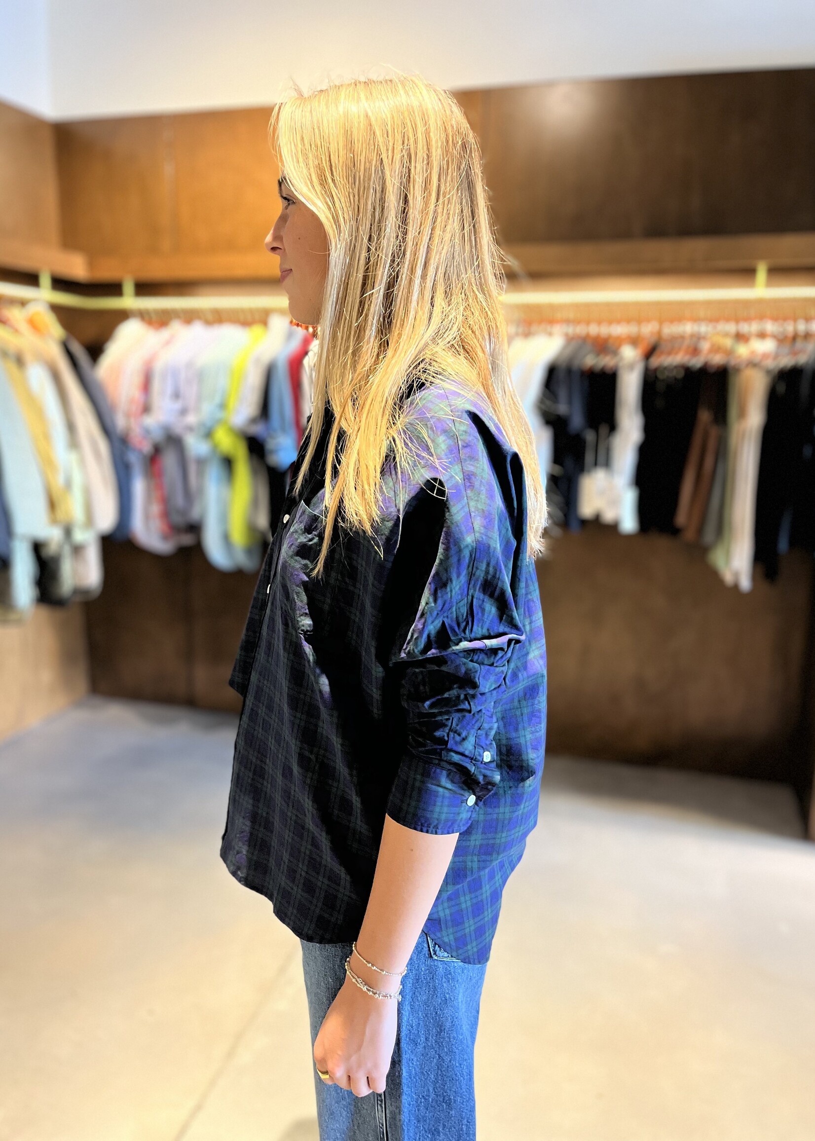 Frank & Eileen Oona- Continuous Sleeve, Relaxed Fitting Button-Up Green Blue Plaid GBTX