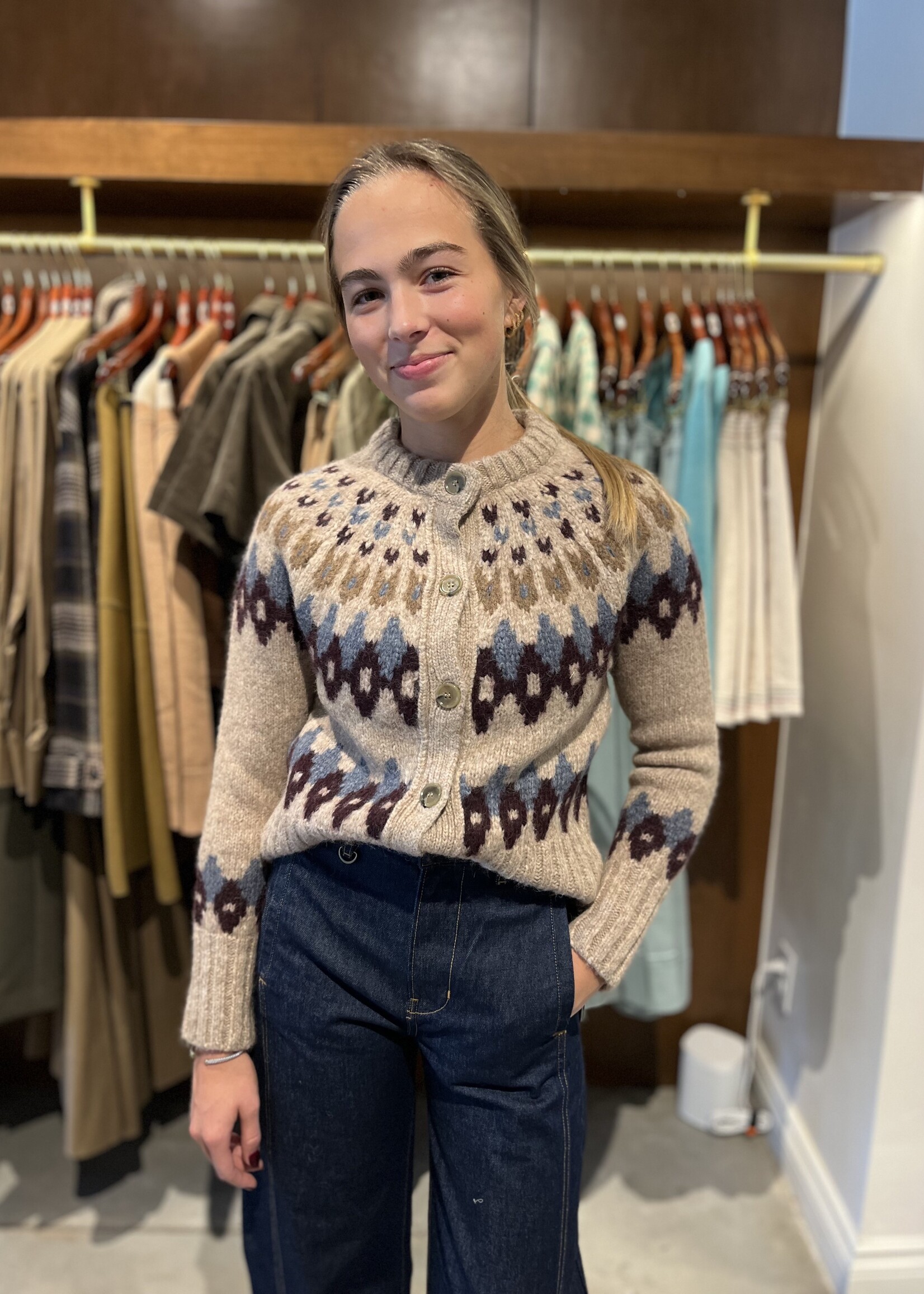 Veronica Beard Christina Fairisle Cardigan- Oatmeal