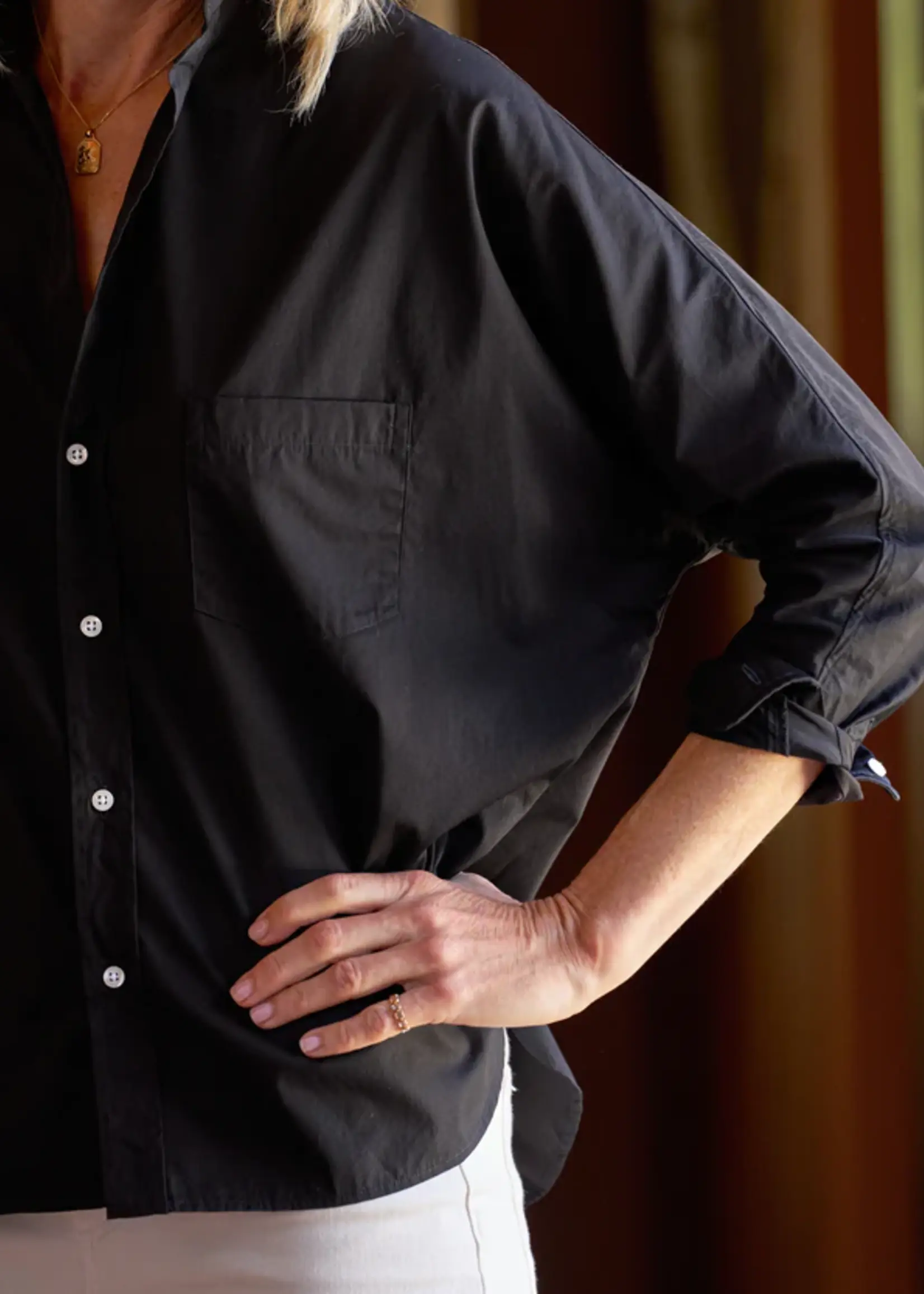 Frank & Eileen Oona Continuous Sleeve Relaxed Fit Button-Up- Black Superluxe BKSX