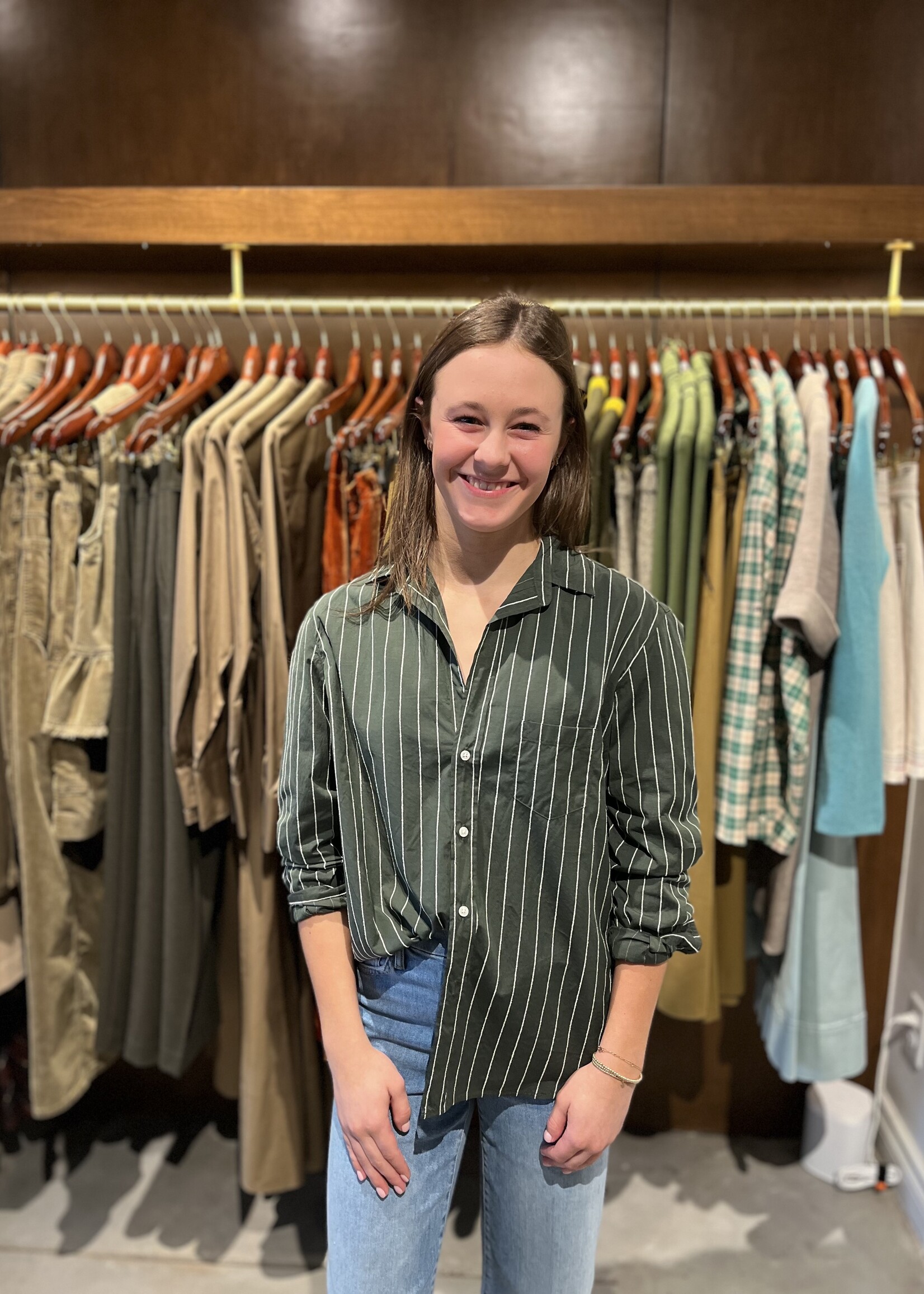 Frank & Eileen Eileen Relaxed Button-Up- Green White Textured Stripe WTVS