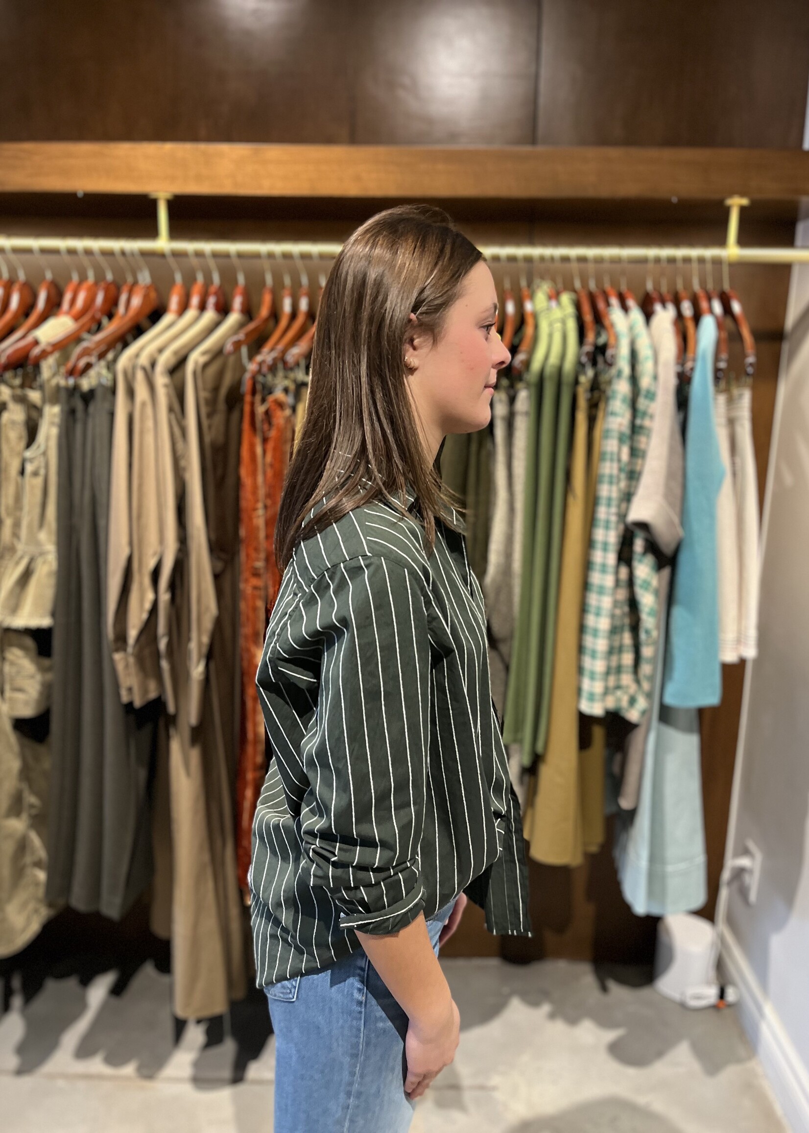 Frank & Eileen Eileen Relaxed Button-Up- Green White Textured Stripe WTVS