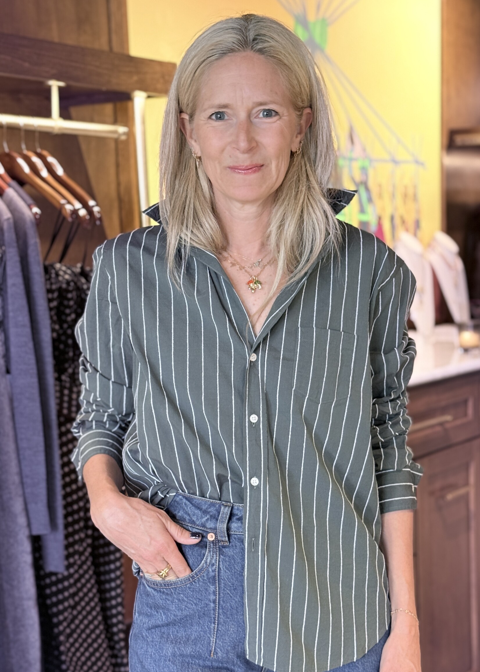 Frank & Eileen Eileen Relaxed Button-Up- Green White Textured Stripe WTVS