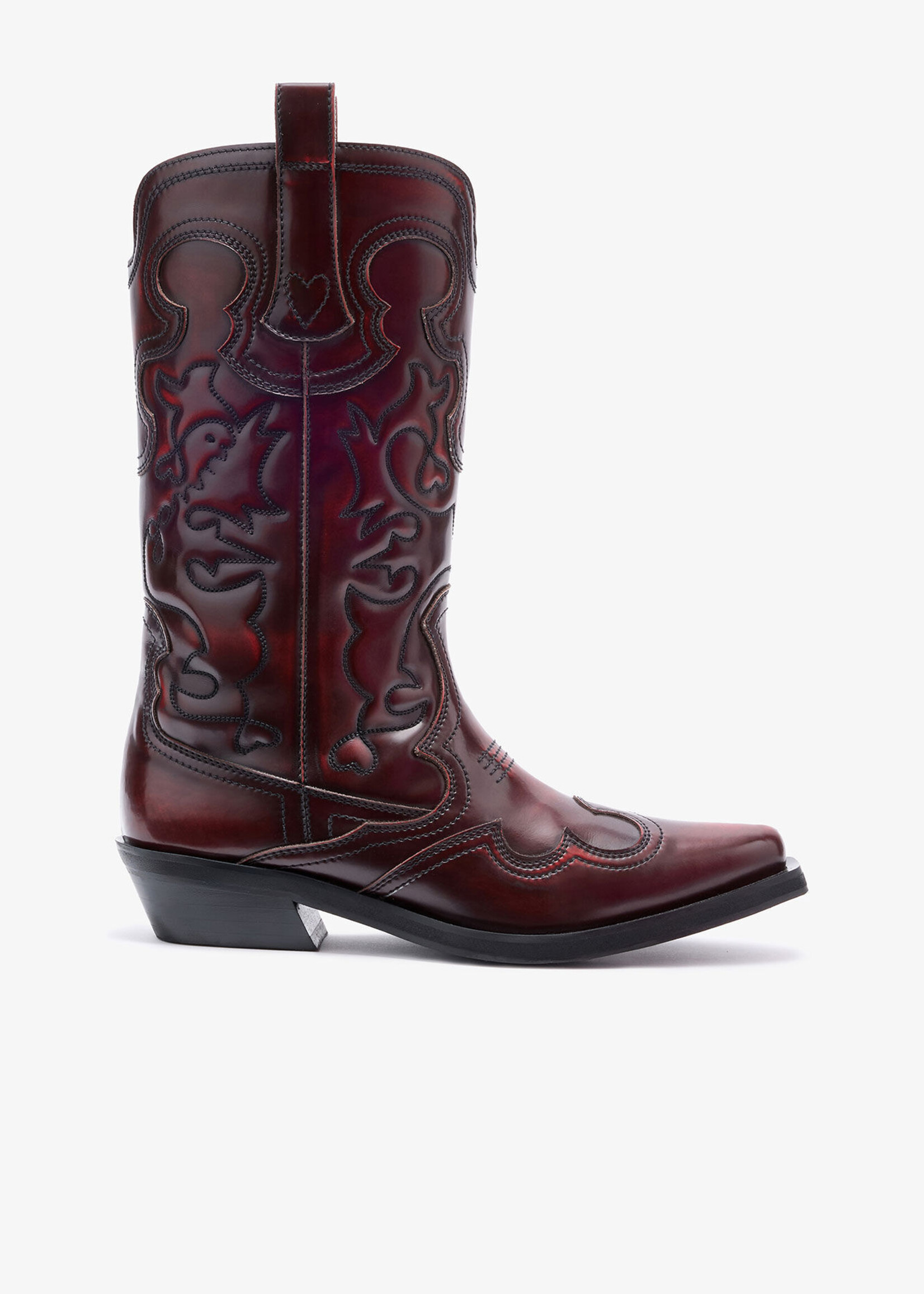 GANNI Mid Shaft Embroidered Western Boot Burgundy