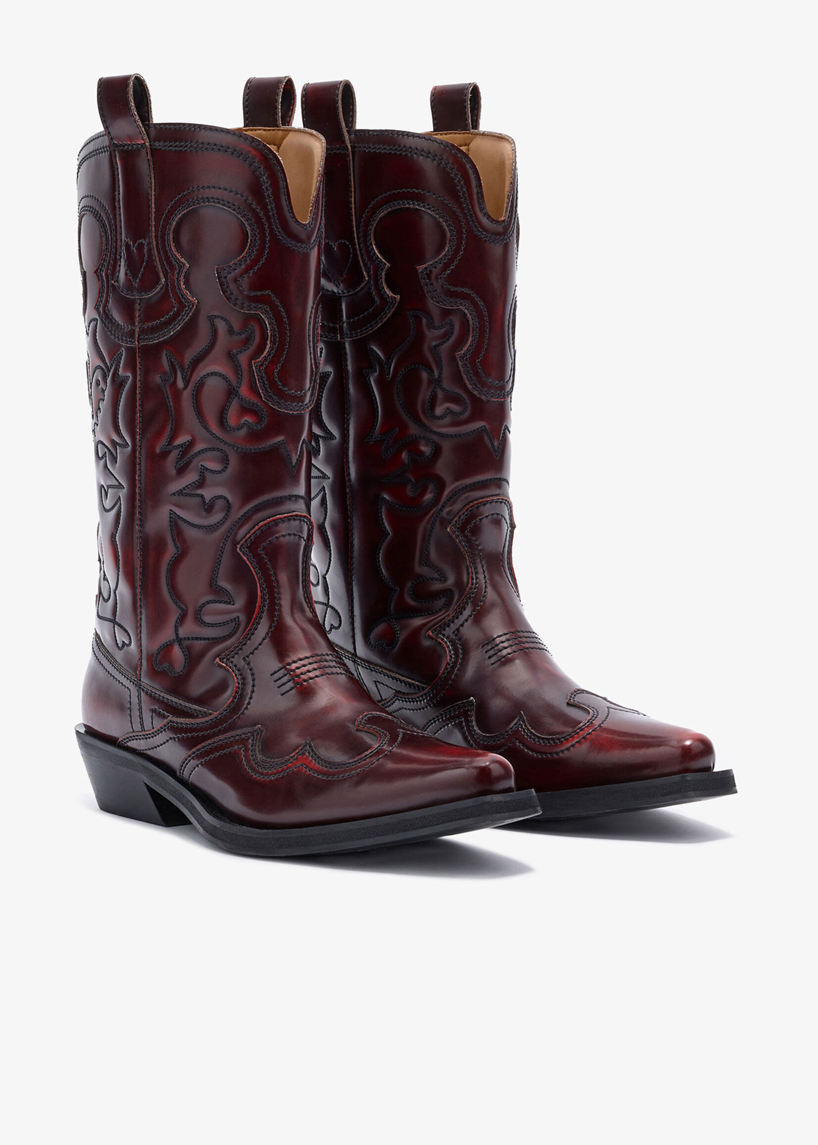 GANNI Mid Shaft Embroidered Western Boot Burgundy