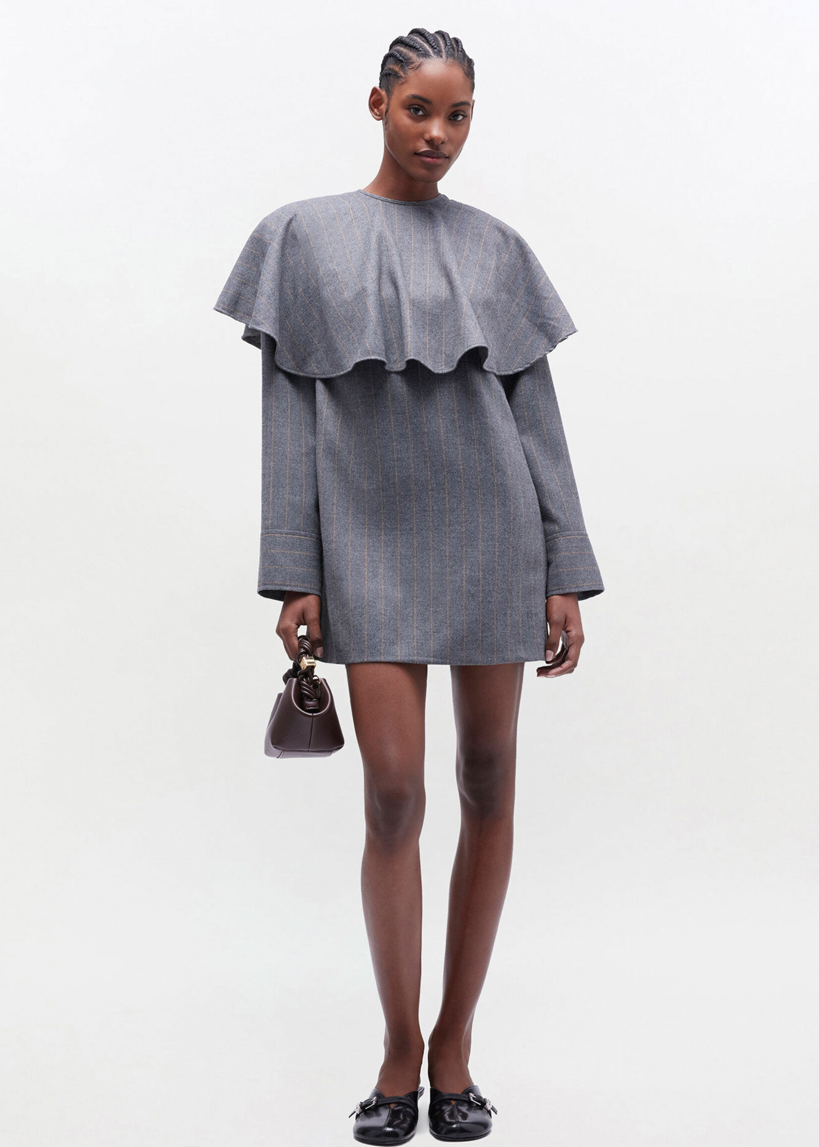 GANNI Brushed Wool Stripe Circle Collar Mini Dress