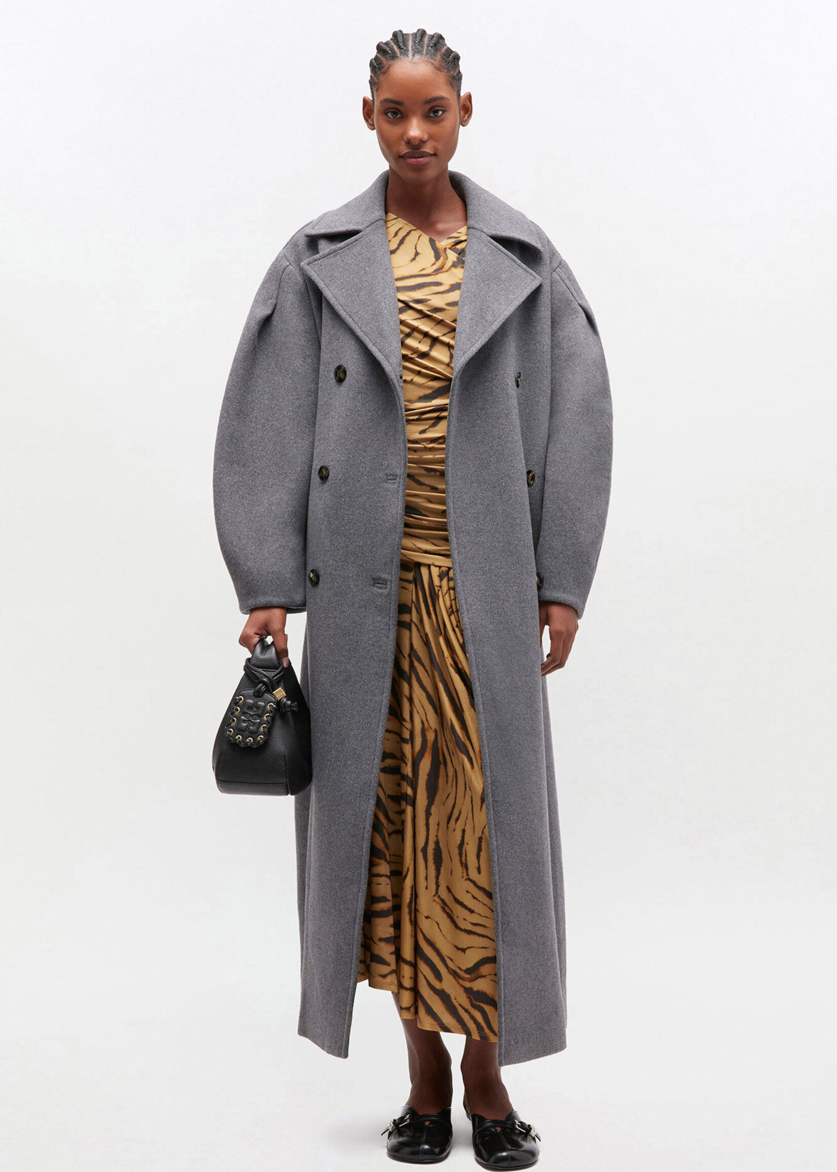 GANNI  Grey Wool Oversized Long Peacoat