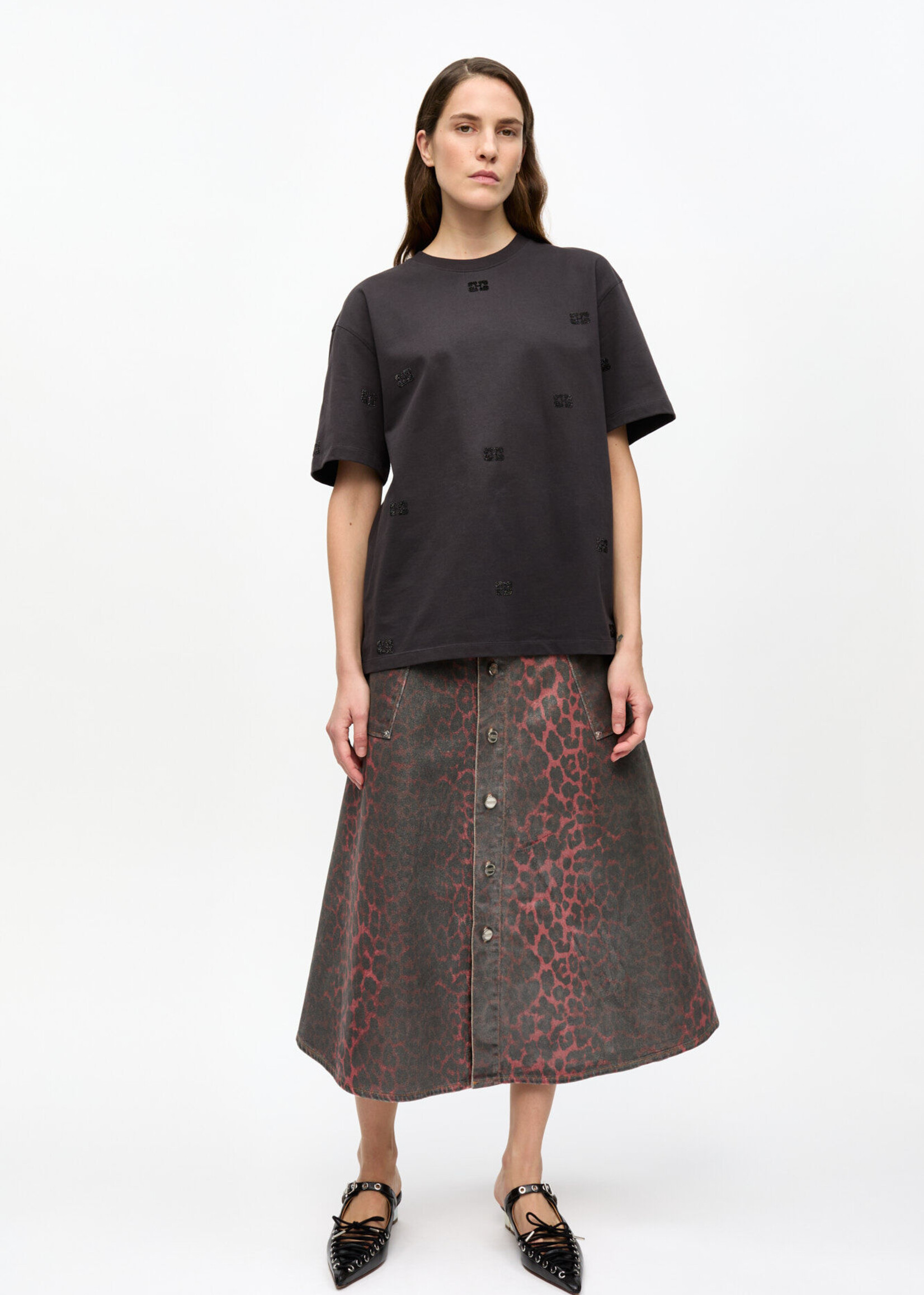 GANNI Foil Denim Midi Skirt