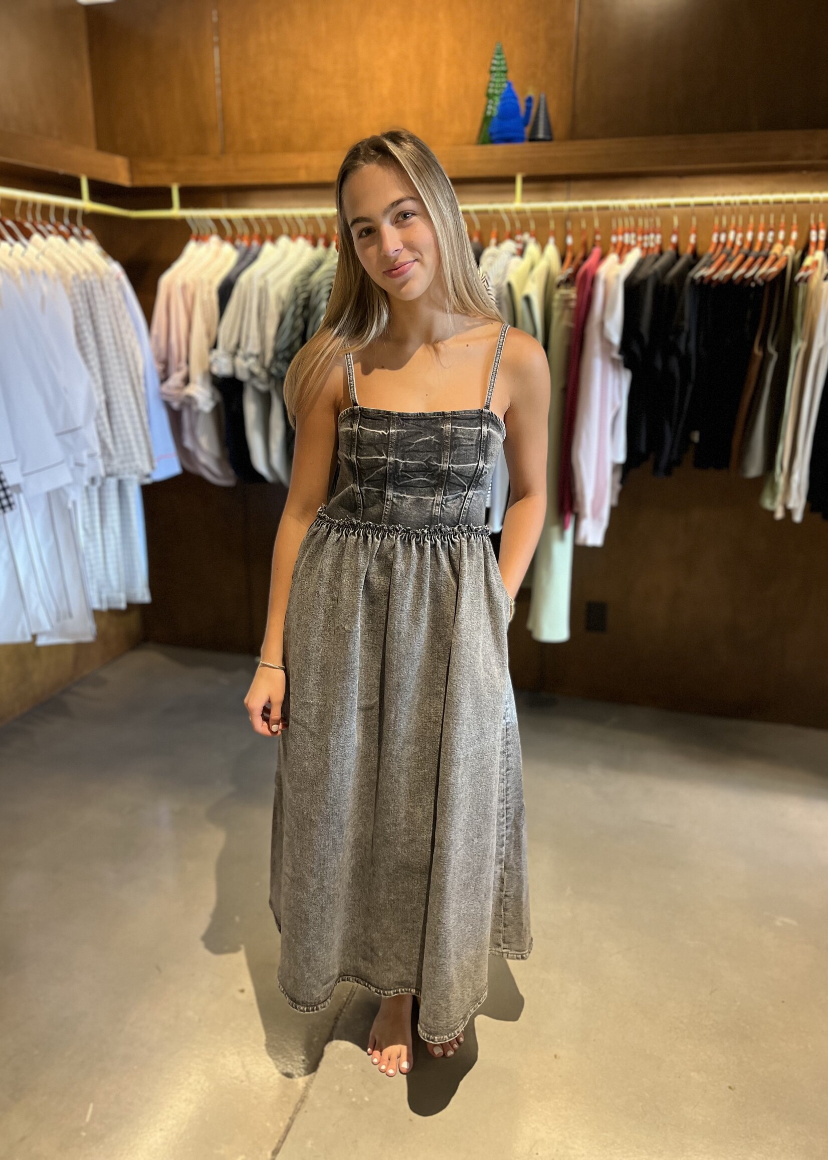 GANNI Stretch Future Denim Strap Midi Dress