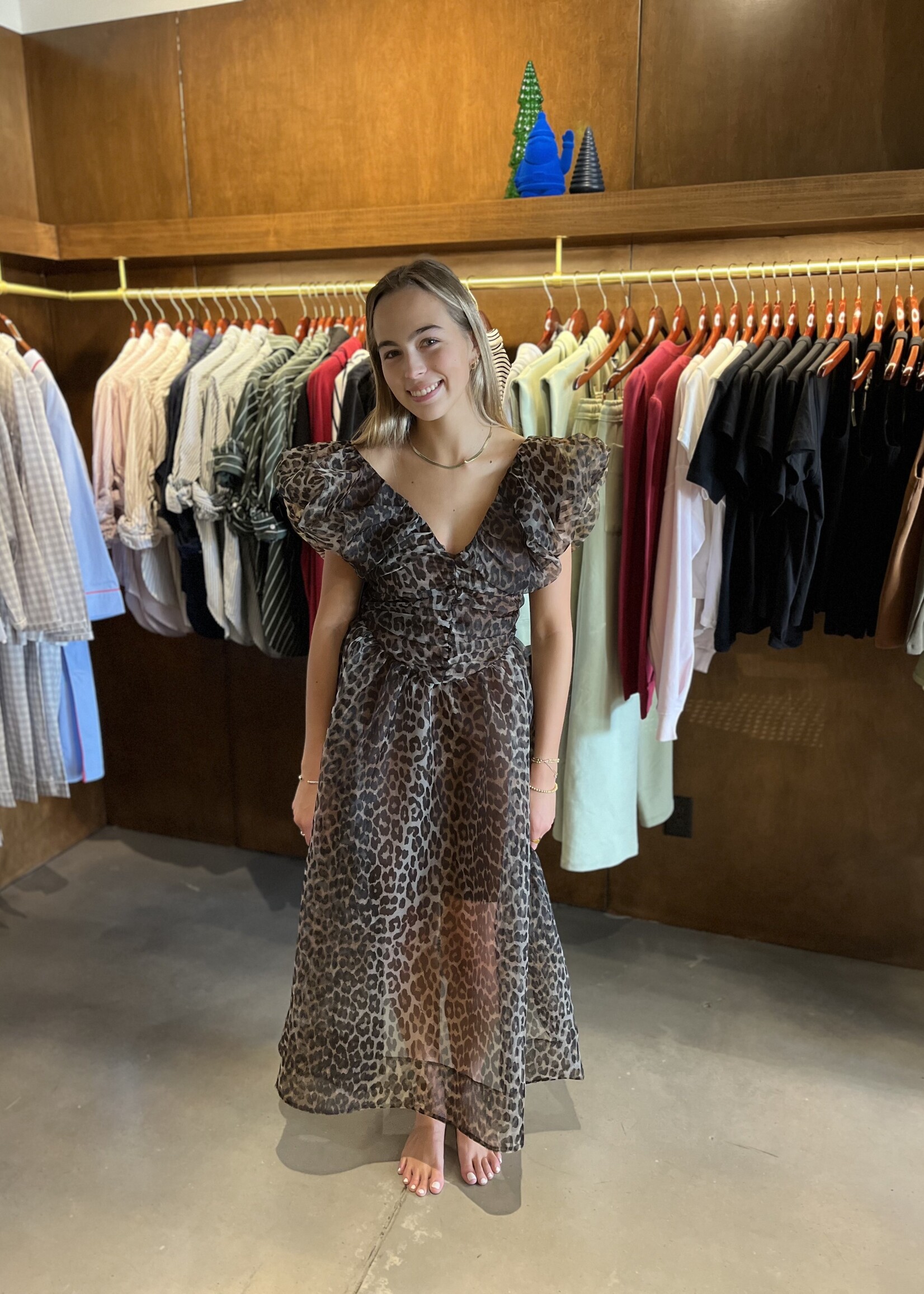 GANNI Printed Textured Organza Long Ruched Dress