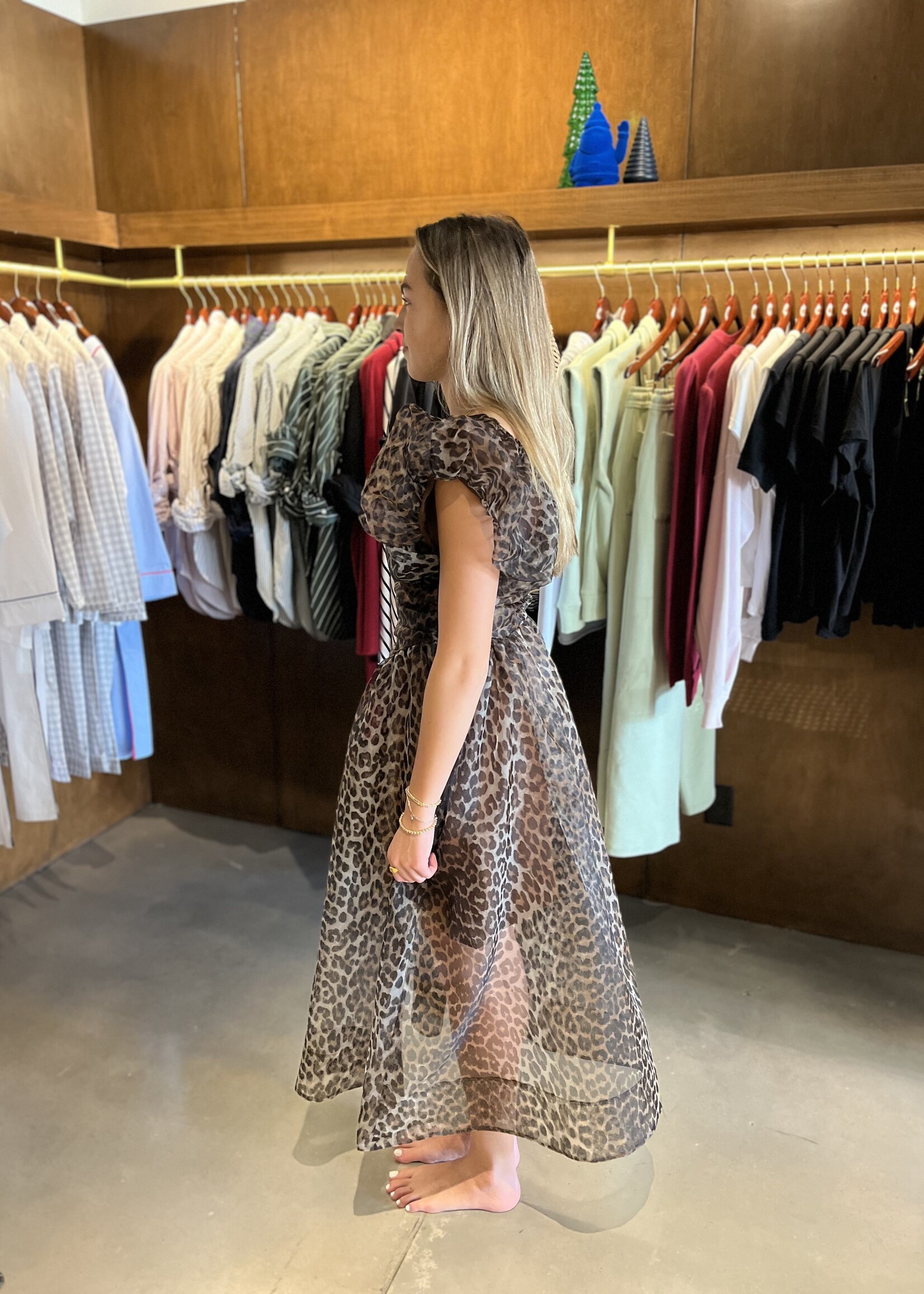 GANNI Printed Textured Organza Long Ruched Dress