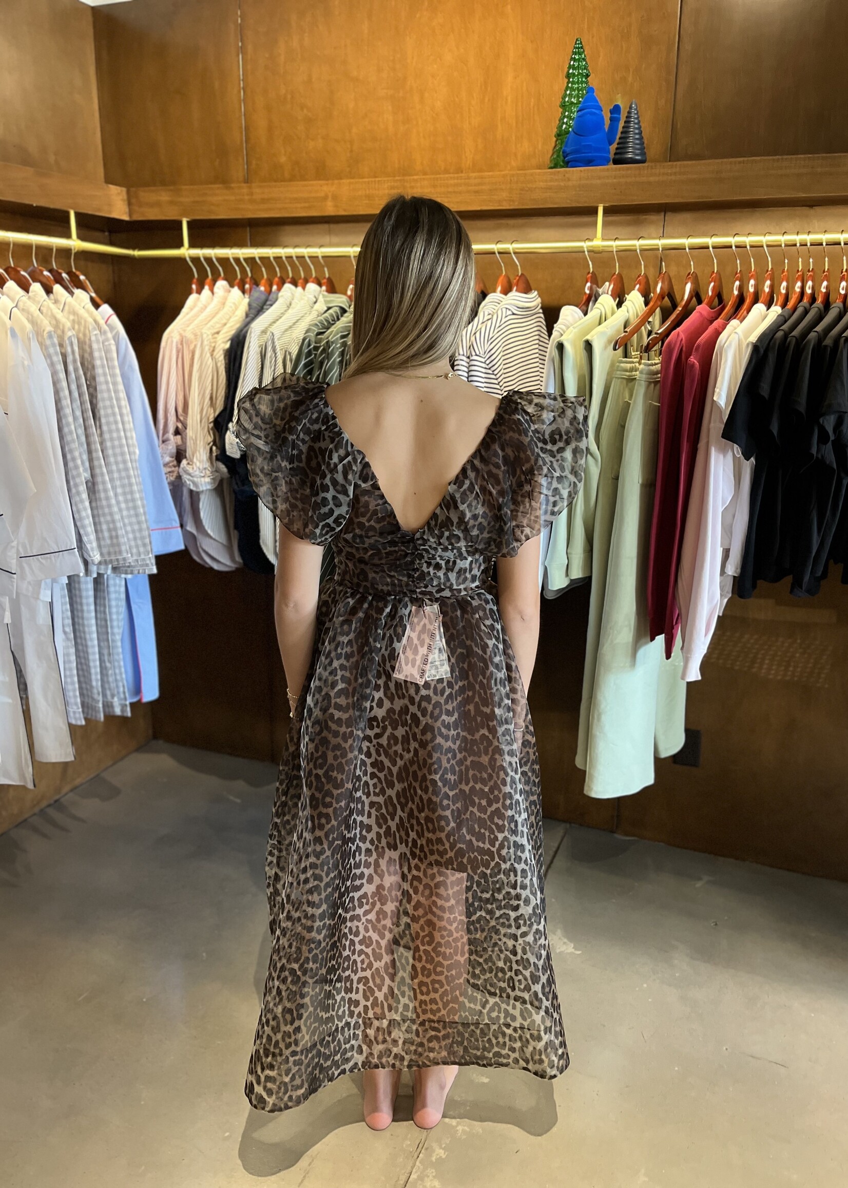 GANNI Printed Textured Organza Long Ruched Dress