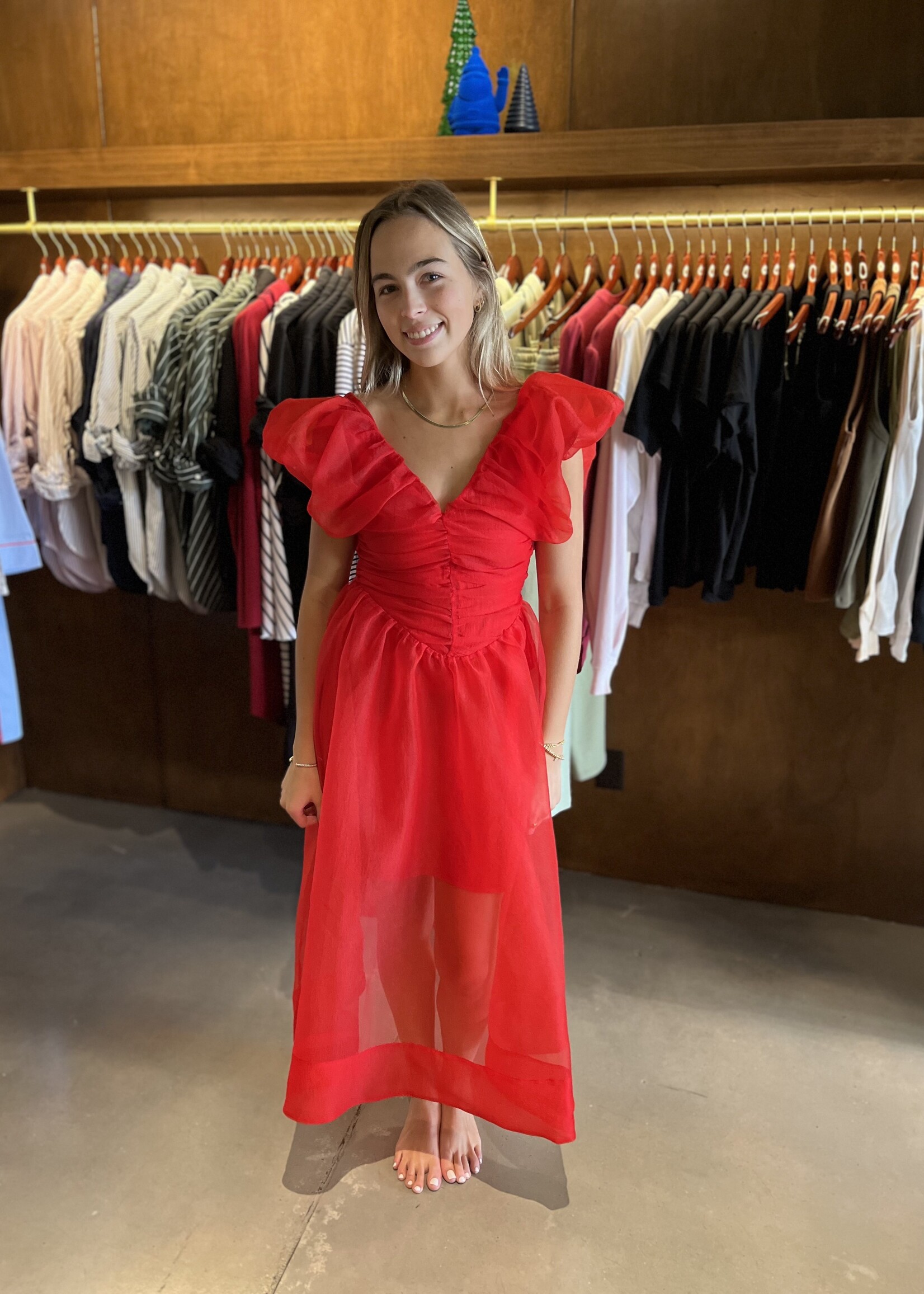 GANNI Textured Organza Long Ruched Dress