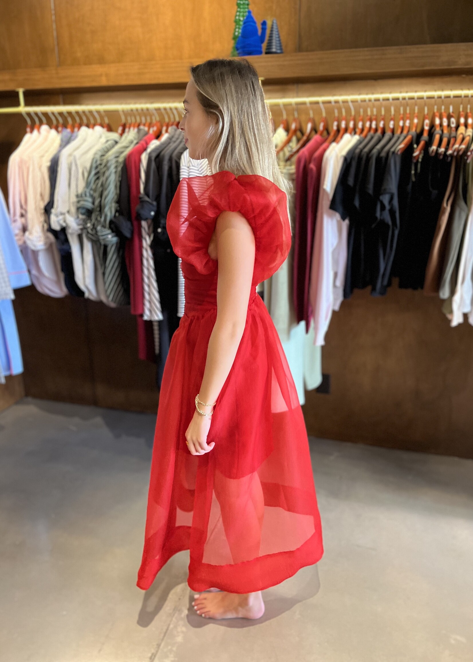 GANNI Textured Organza Long Ruched Dress