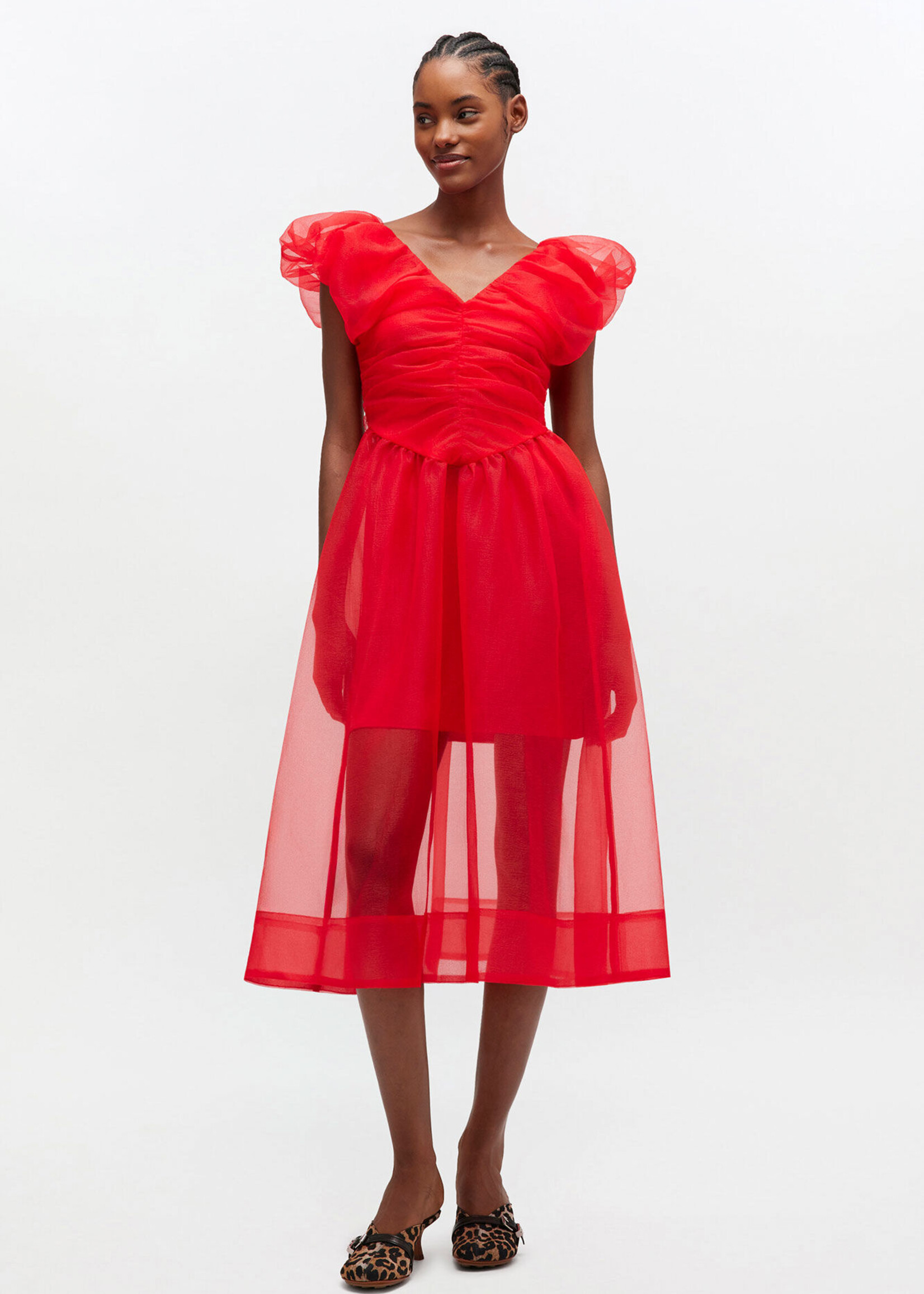 GANNI Textured Organza Long Ruched Dress