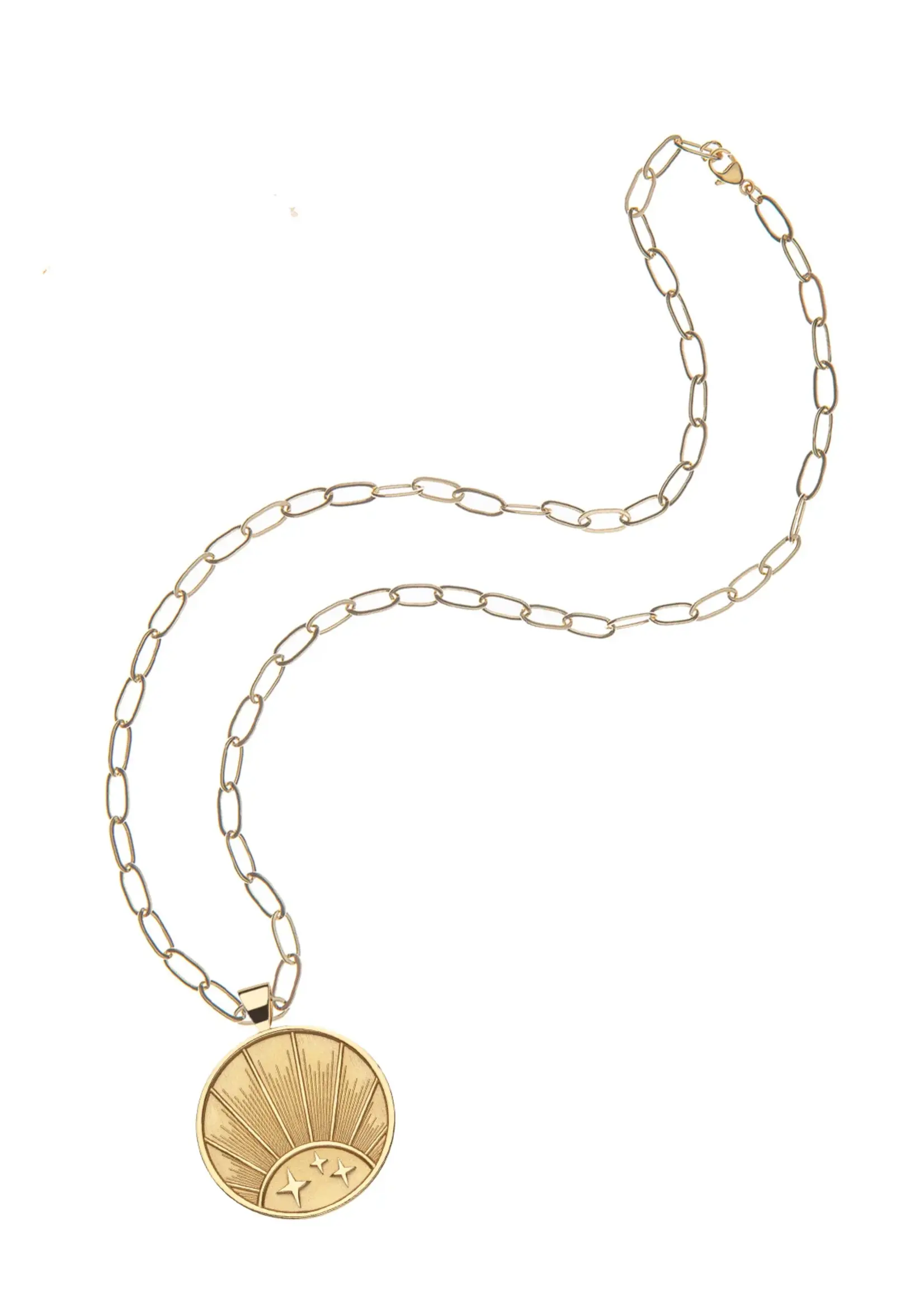 Jane Win Jewelry STRONG JW Original Pendant Coin (Rising Sun) Gold / 18" Drawn Link Chain