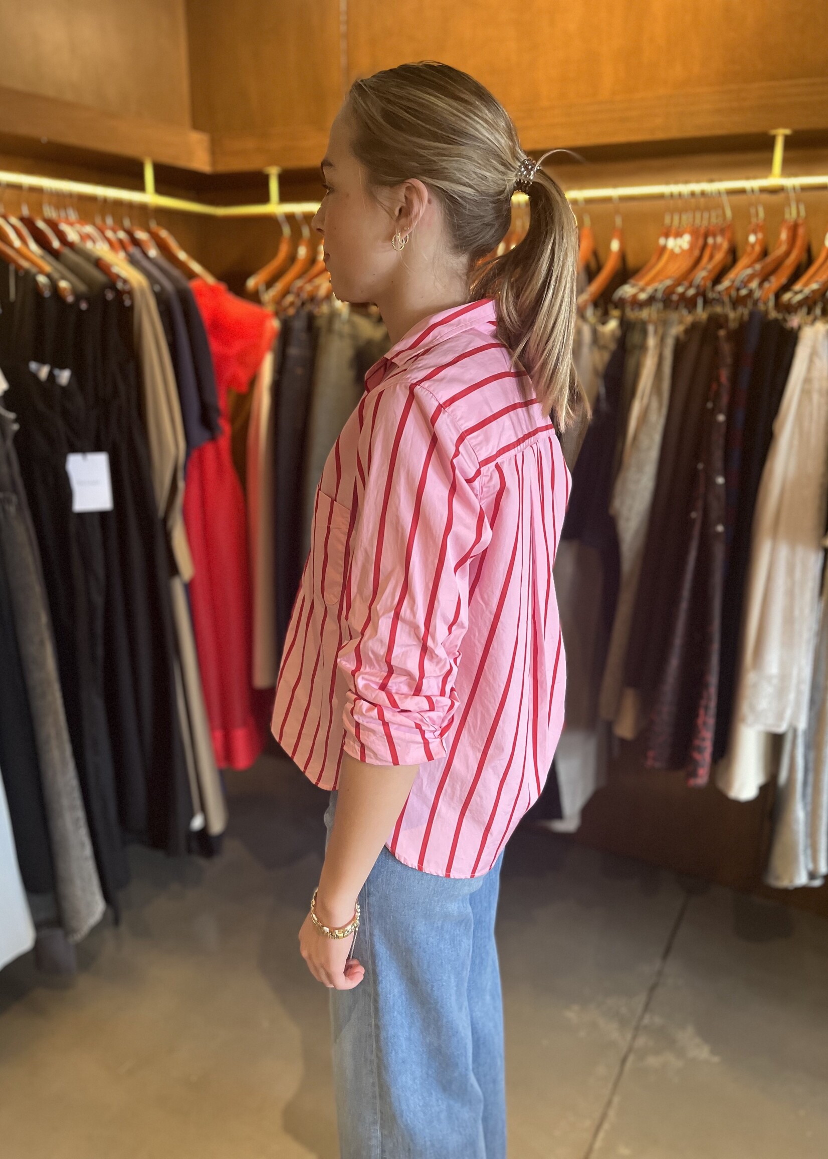 Frank & Eileen Silvio Untuckable Button-Up- Pink Red Stripe STPR