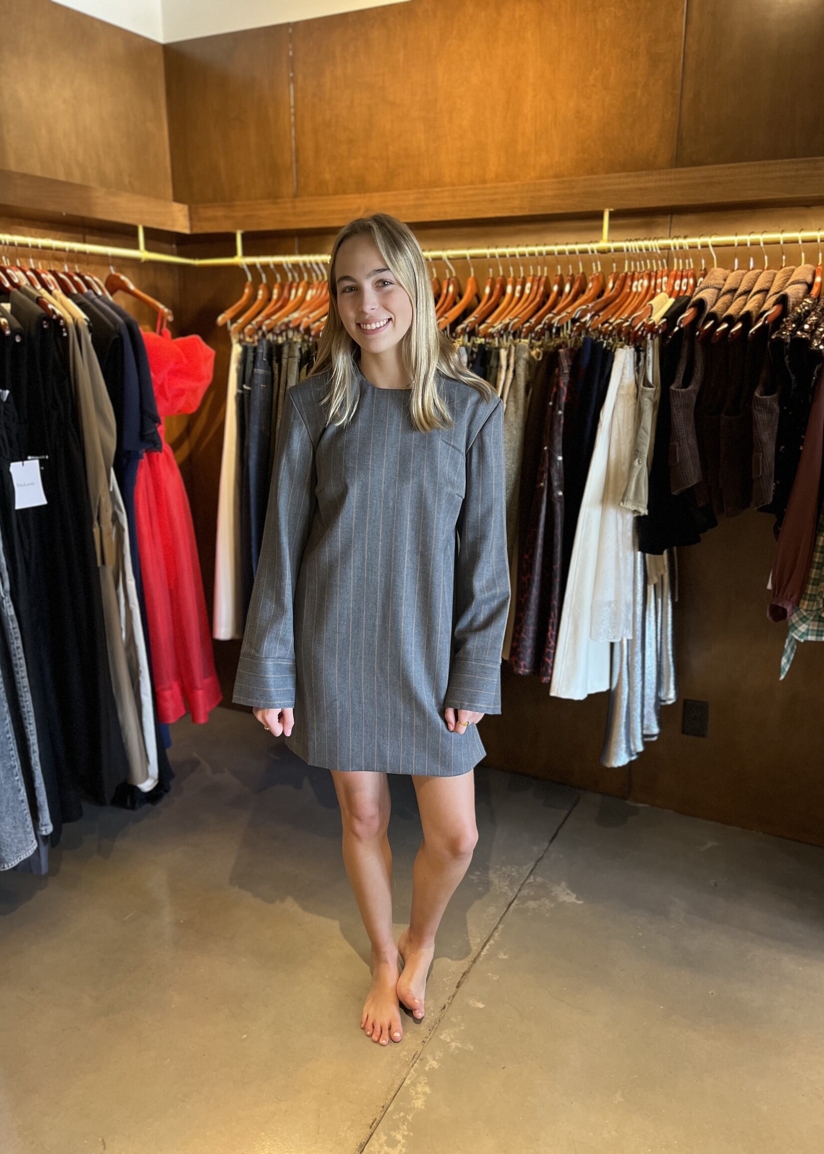 GANNI Brushed Wool Stripe Circle Collar Mini Dress