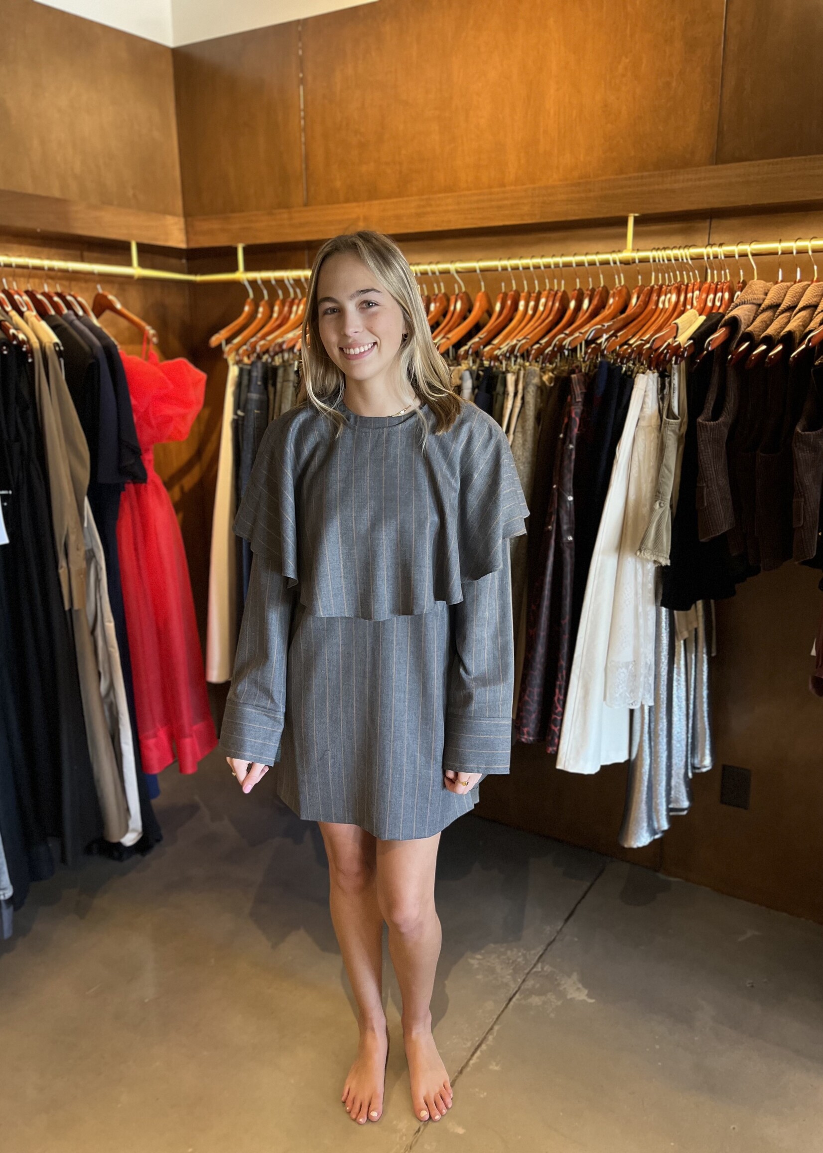 GANNI Brushed Wool Stripe Circle Collar Mini Dress