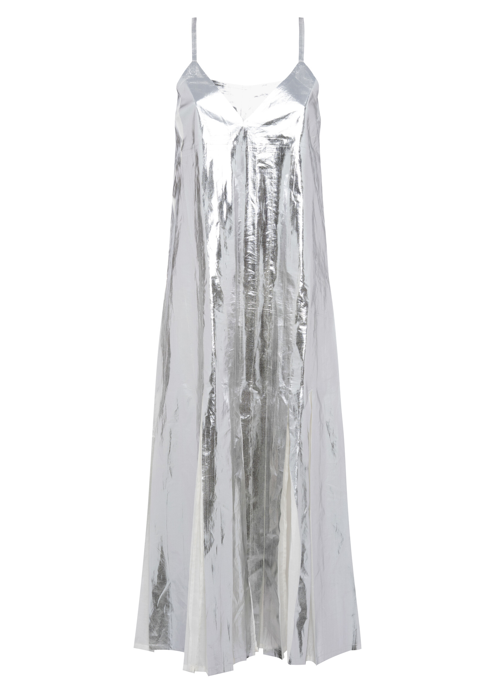 Tela Yuki Sleeveless Maxi Dress in Silver Laminated Muslin