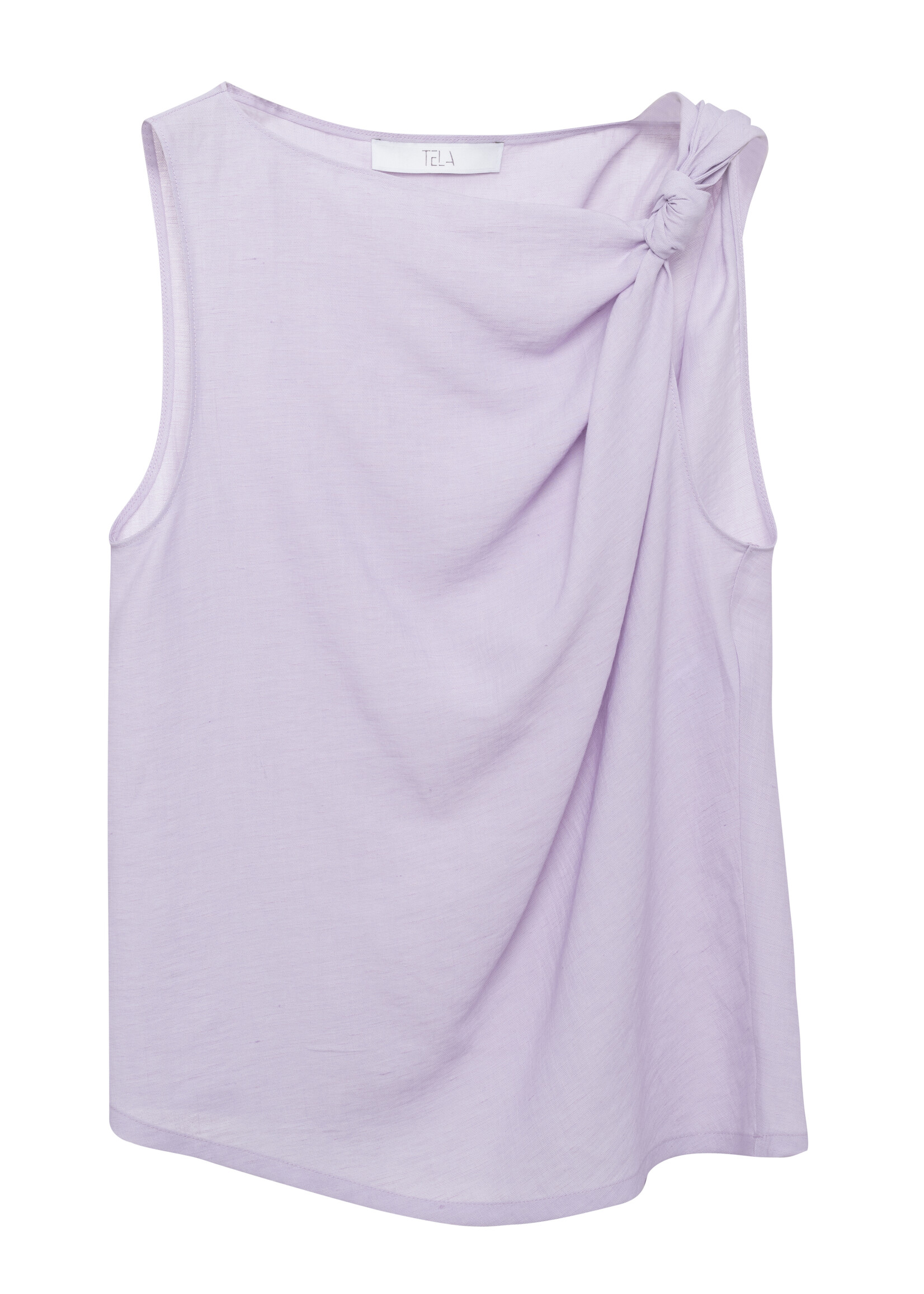 Tela Cody Sleeveless Lilac Linen-Viscose Top With Twisted One-Shoulder