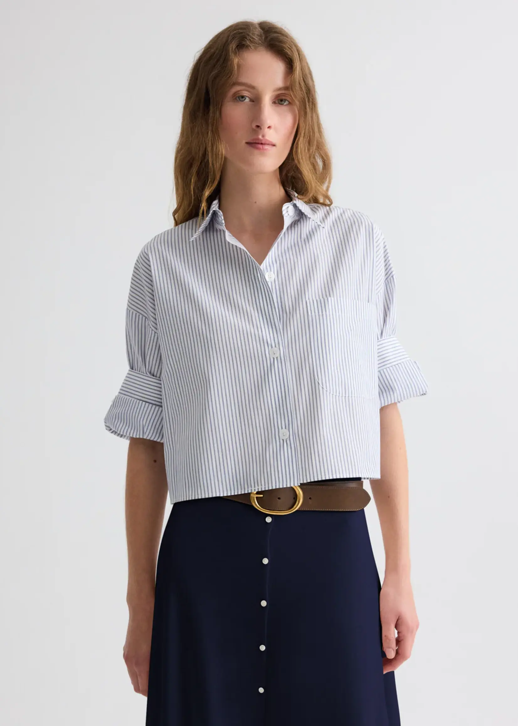 TWP Next Ex Shirt- Blue/Midnight Micro Hairline Stripe