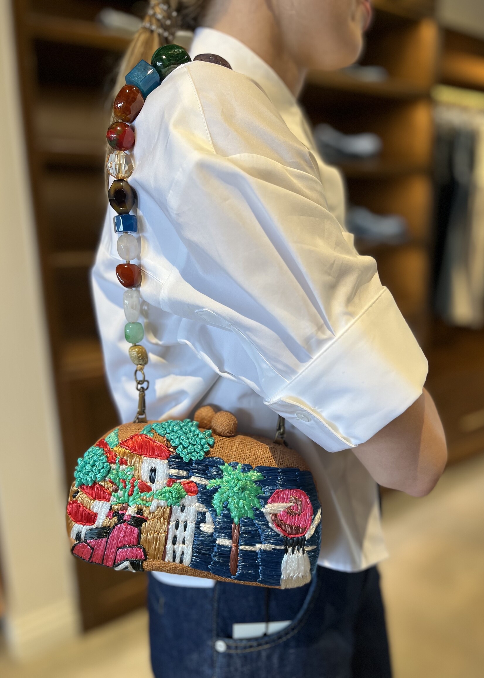 Serpui Mia Mediterranean Coast Embroidery Straw Purse