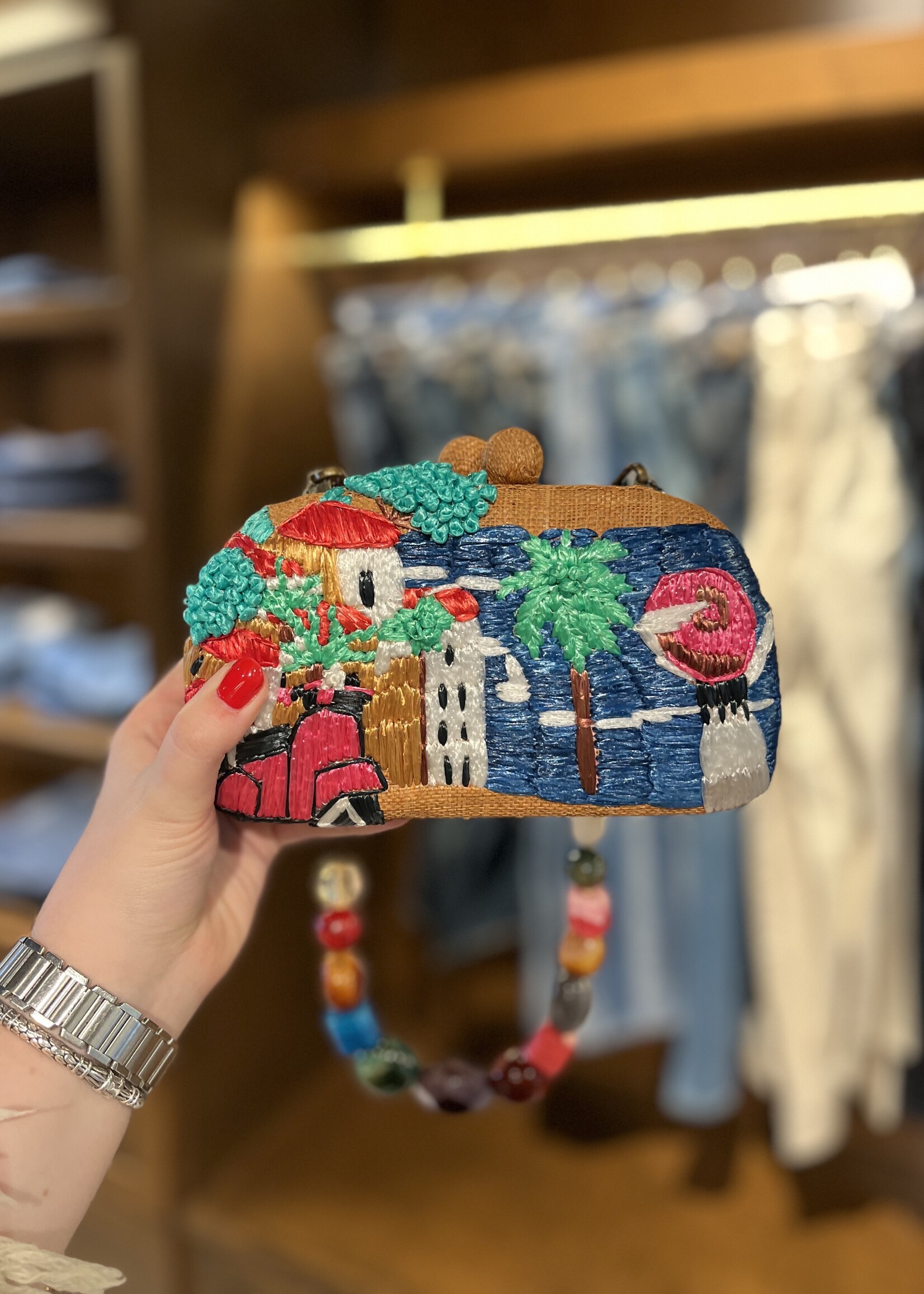 Serpui Mia Mediterranean Coast Embroidery Straw Purse