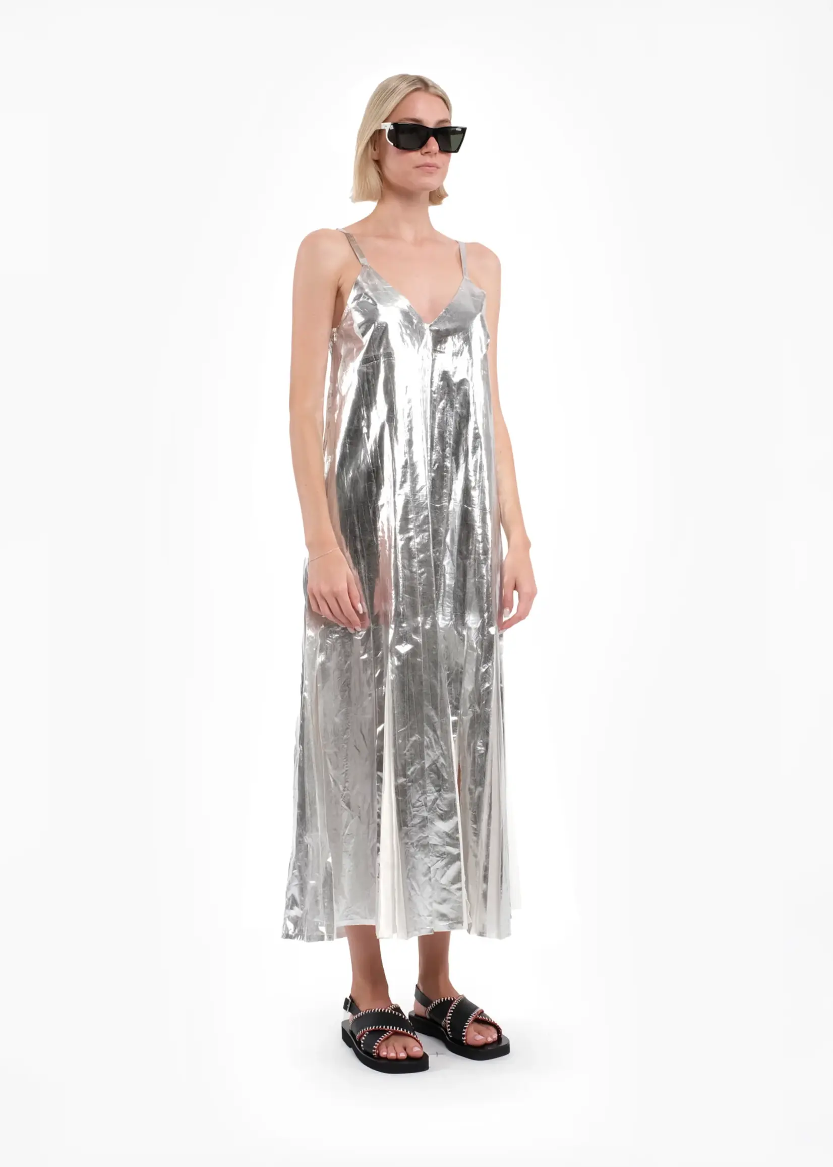 Tela Yuki Sleeveless Maxi Dress in Silver Laminated Muslin